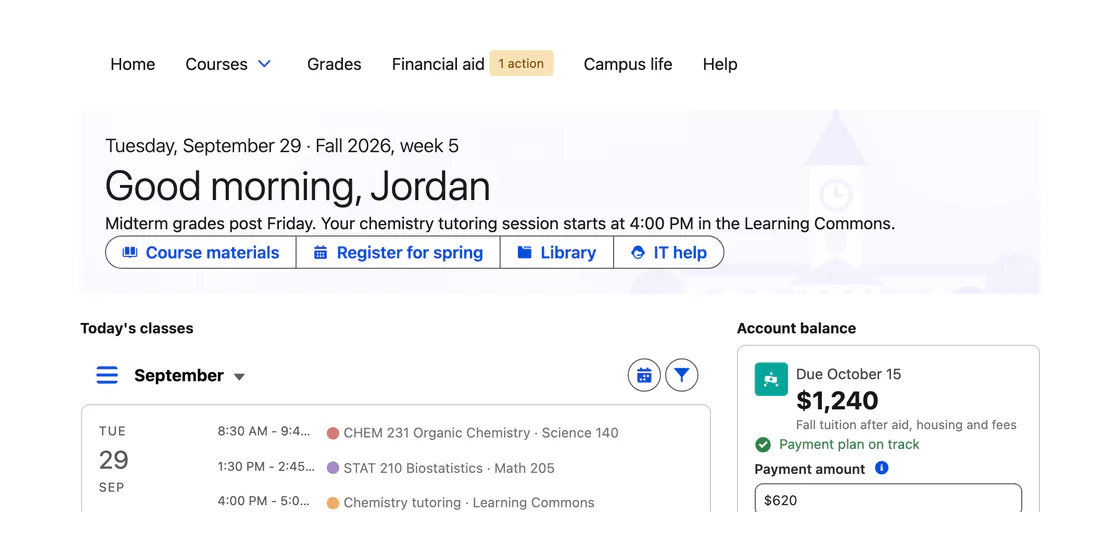 Student portal home, built with Avonni components