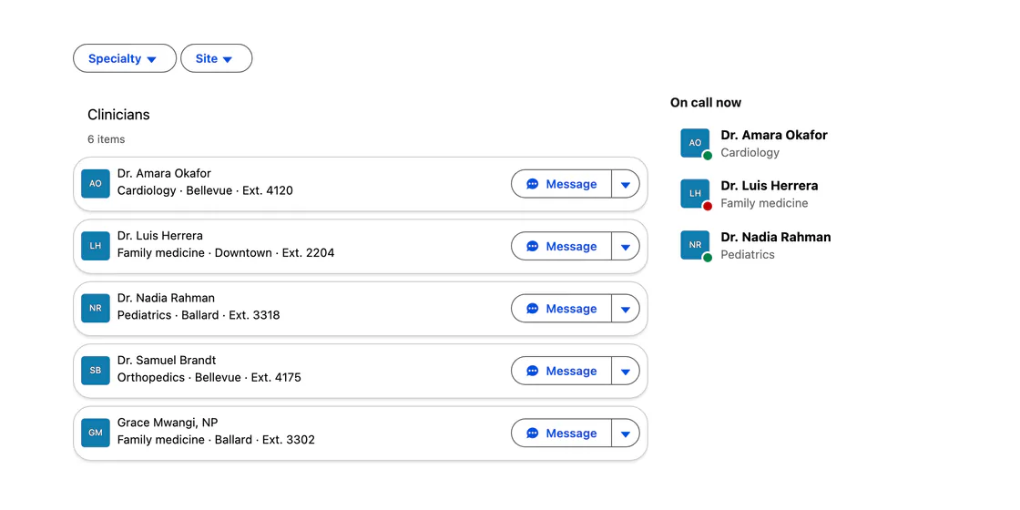 Care team directory, built with Avonni components