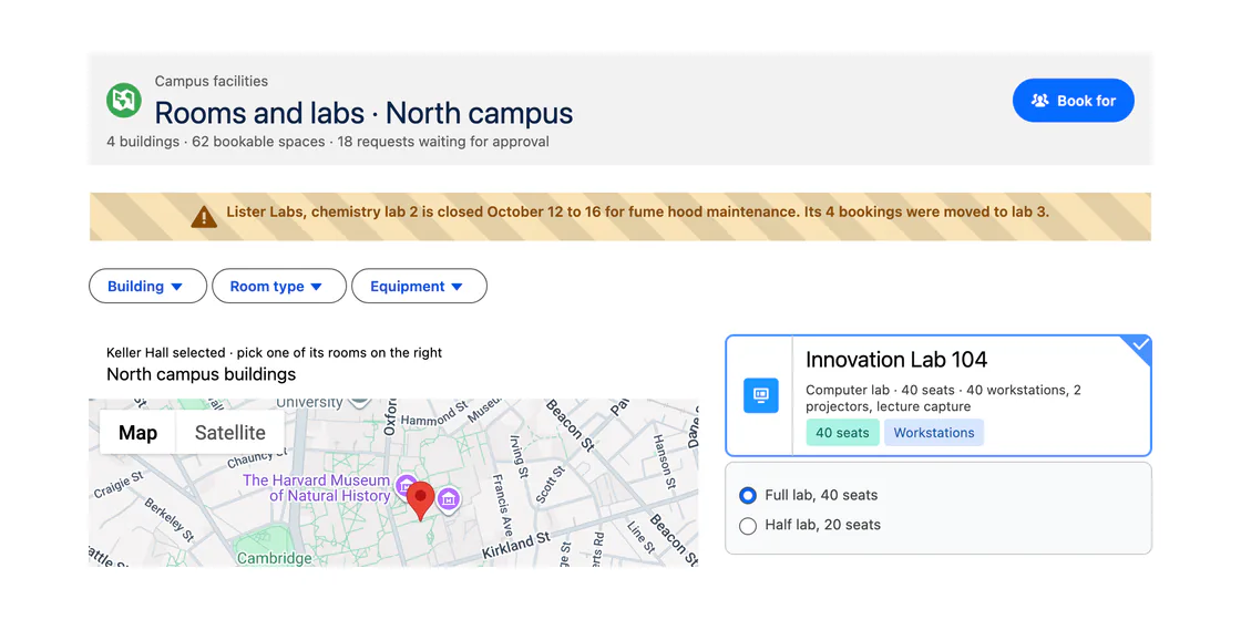 Campus facilities booking, built with Avonni components