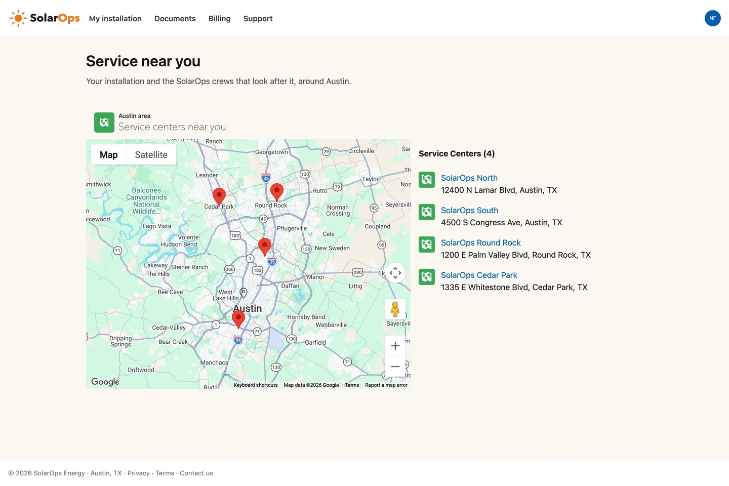 Avonni Map on the SolarOps customer portal, an Experience Cloud site: service centers near you around Austin, on the map and in a list, for the signed-in member