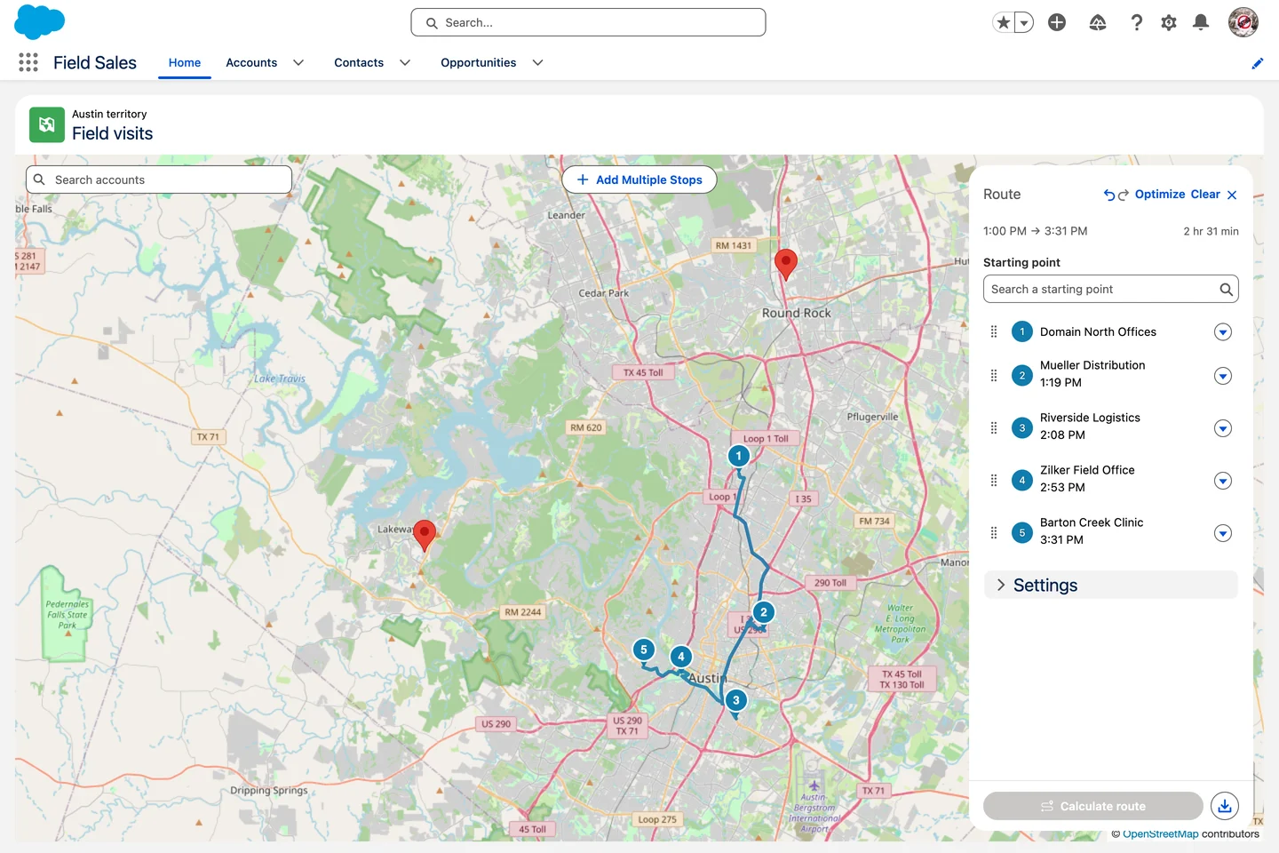 Avonni Map on a Salesforce Home page: five Austin site visits joined by the road route, and the Route panel listing each stop with its arrival time, 1:00 PM to 3:31 PM, 2 hr 31 min