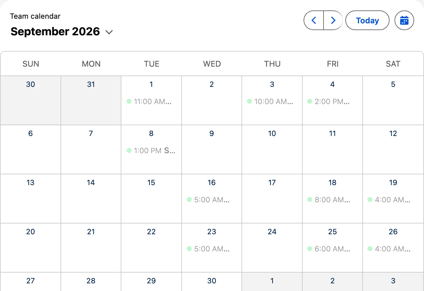 Avonni Calendar Dynamic Component: a team calendar in month view