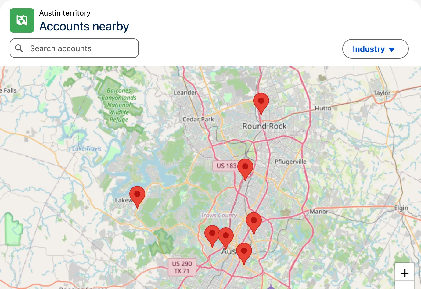 Avonni Map Dynamic Component: nearby accounts plotted from their billing address