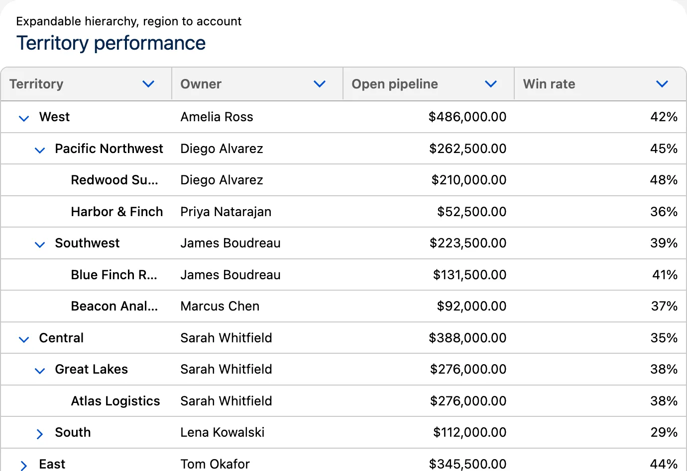 Avonni Tree Grid Dynamic Component: pipeline and win rate by territory, from region to account