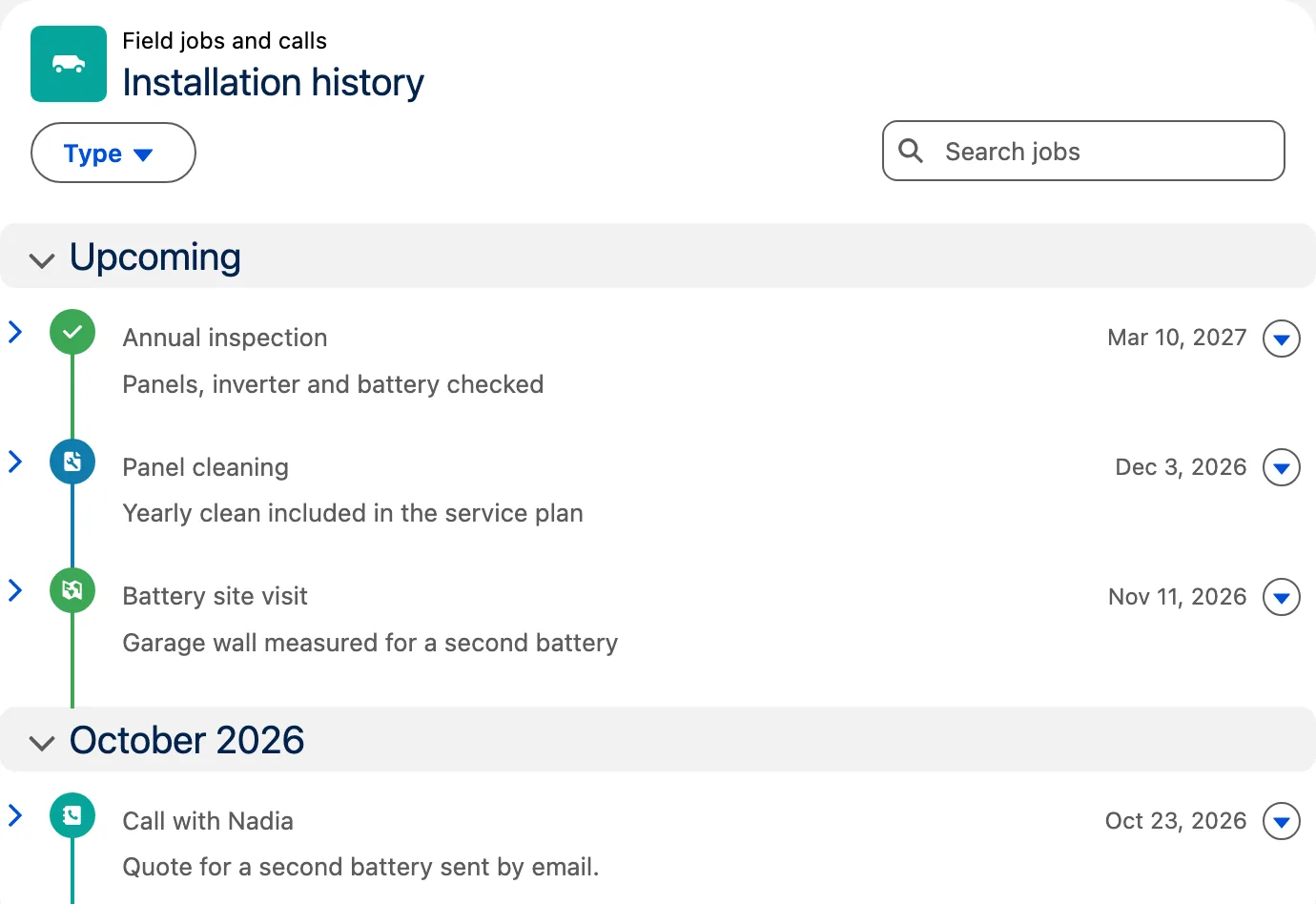 Avonni Activity Timeline Dynamic Component: field jobs and calls grouped by month