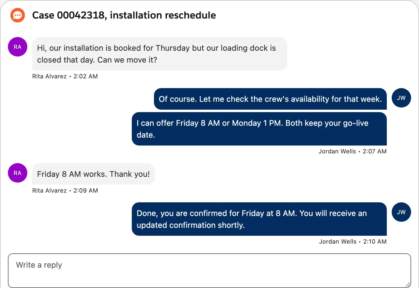 Avonni Chat Dynamic Component: a case conversation with the reply box