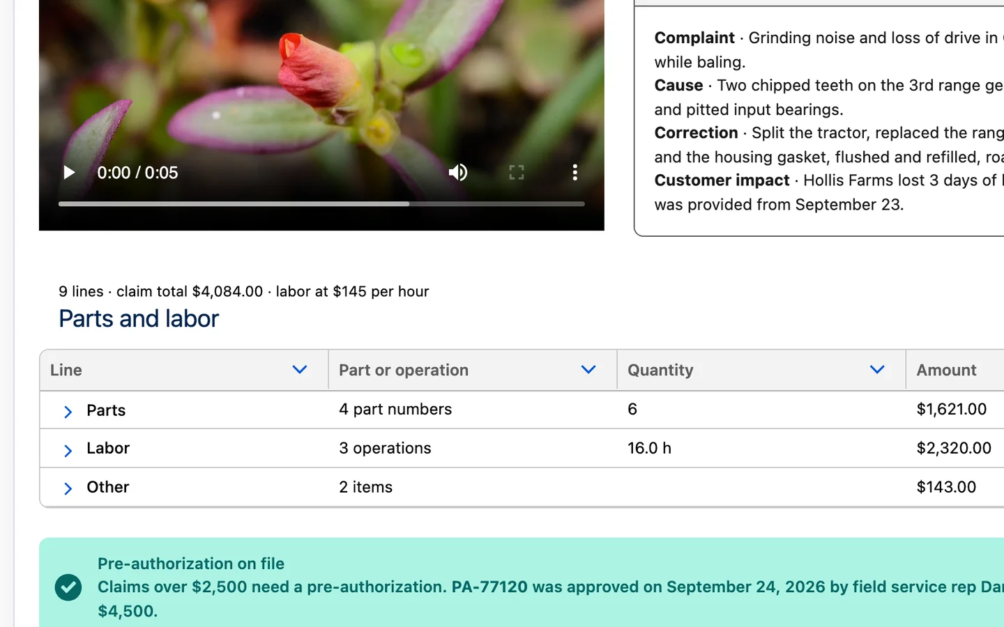 Dealer warranty claim example in the Avonni Playground: a Tree Grid of parts and labor lines in a Screen Flow