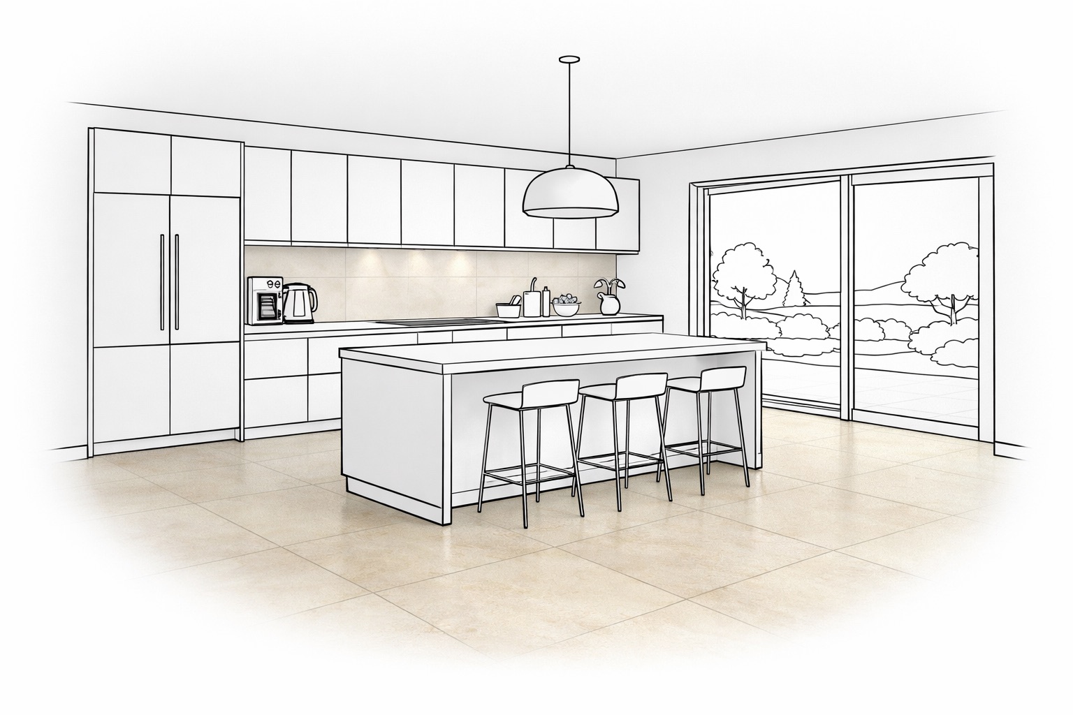 Modernes Badezimmer mit hellen Steinfliesen, weißem Waschbecken, großem Spiegel, Holzablage und einer weißen Polsterbank mit dunklem Kissen.