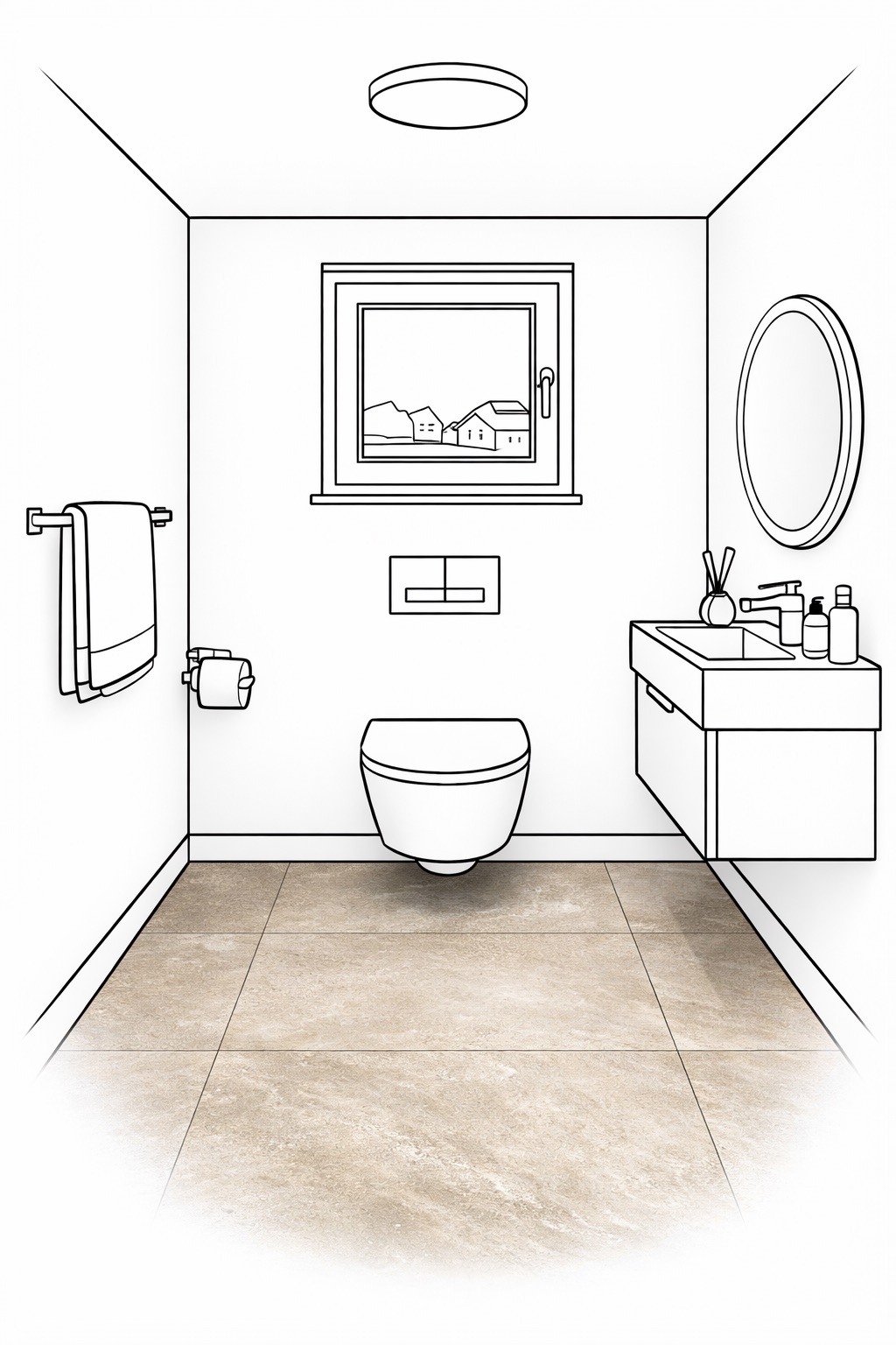 Moderner Innenraum mit Terrazzo-Bodenfliesen, Holzschrank, Rattanstuhl und kleinem weißen Beistelltisch mit Glasflasche und Glas.