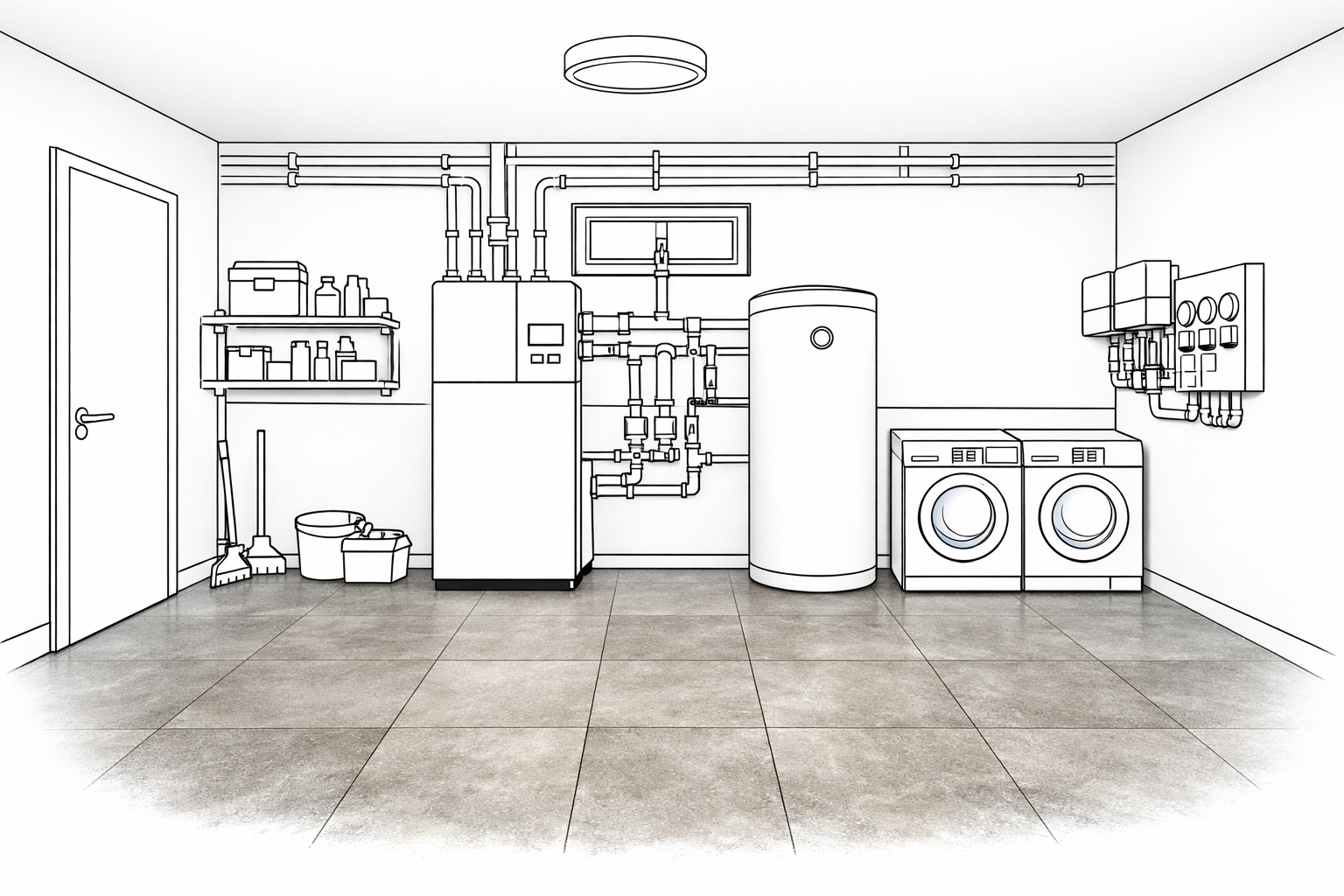 Moderner Innenraum mit Terrazzo-Bodenfliesen, Holzschrank, Rattanstuhl und kleinem weißen Beistelltisch mit Glasflasche und Glas.