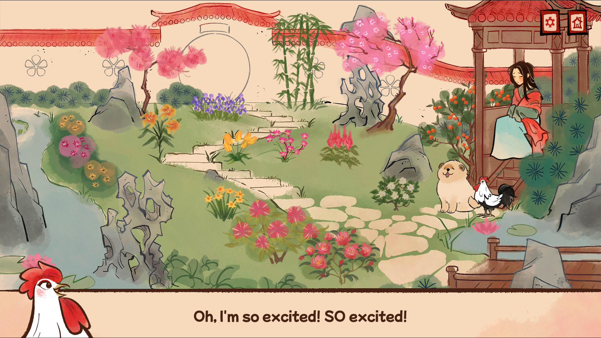 Dog level from Rooster featuring a beautiful garden. Dog is asking, "What would you like to do, Rooster?"