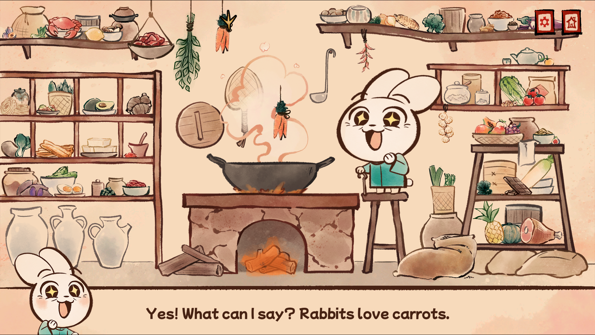 A rabbit cooks food over a fire, with many ingredients surrounding it