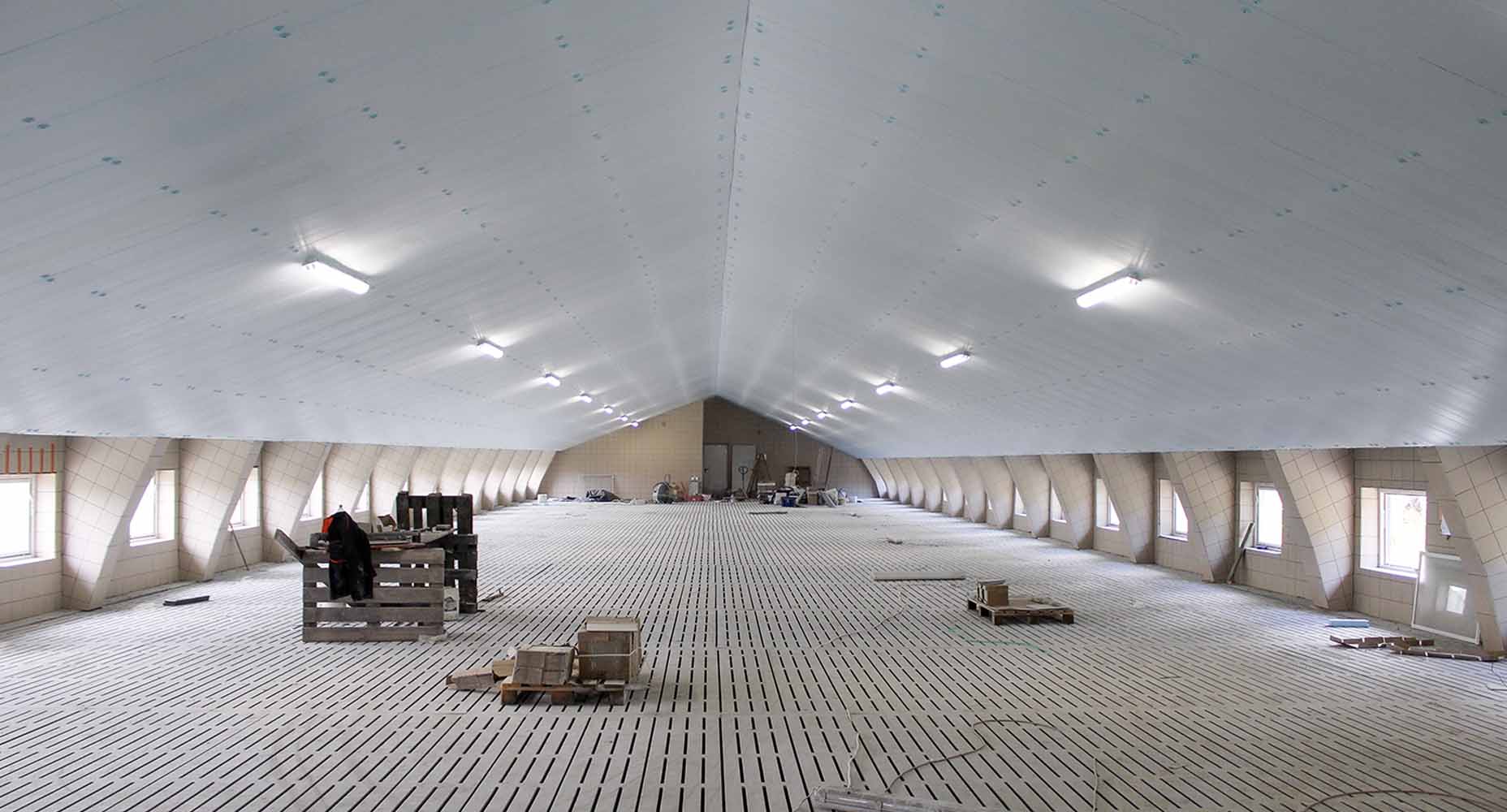 Przestronne wnętrze chlewni w trakcie ocieplania, z błękitnym izolowanym sufitem XPS AGRO, ścianami z wieloma oknami oraz rozłożonymi wokół materiałami budowlanymi.