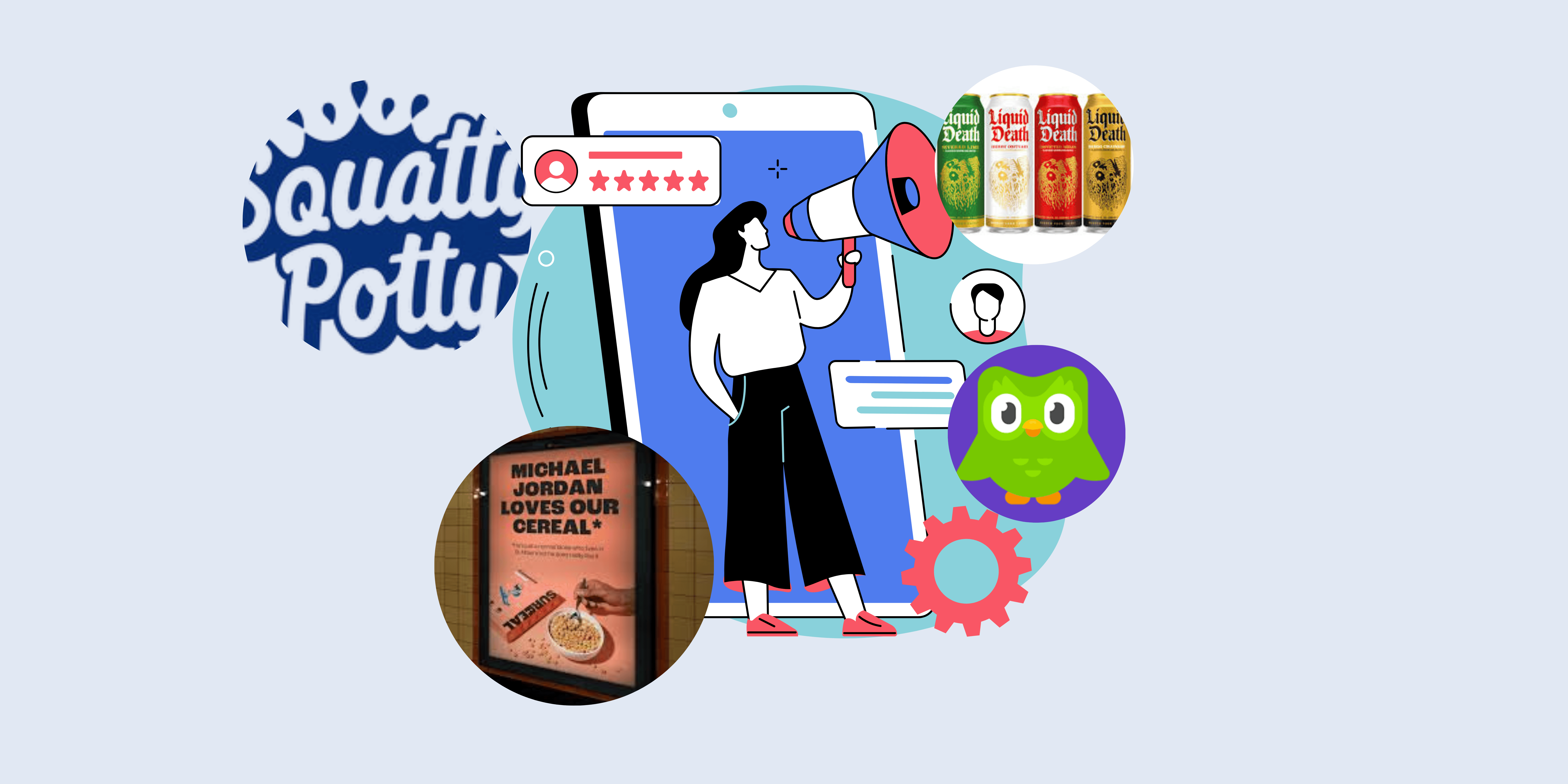 Storytelling examples from Duolingo, Surreal, Squatty Potty and Liquid Death
