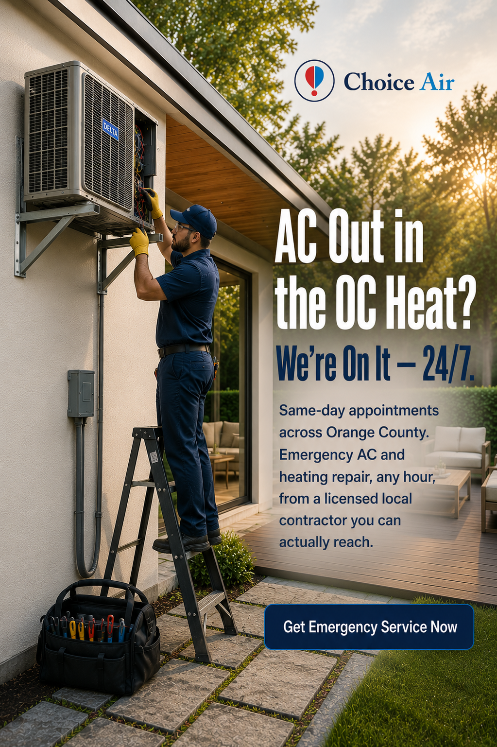 Choice Air technician servicing residential air conditioning equipment
