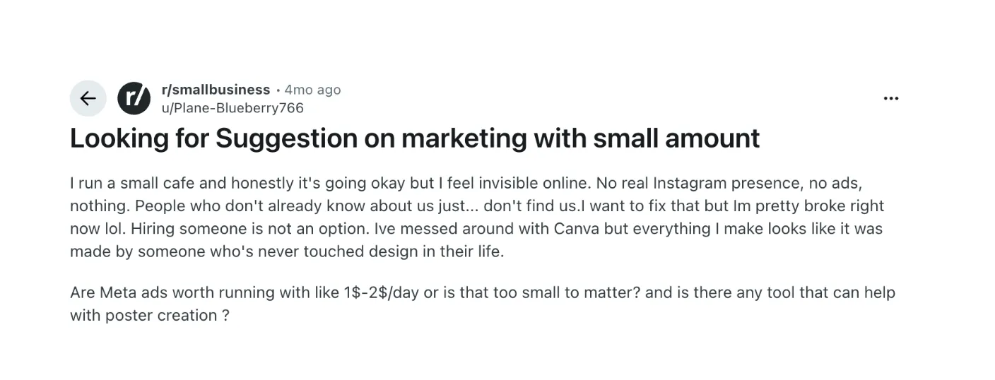 Screenshot of a Reddit smallbusiness post asking about marketing a café with one or two dollars a day