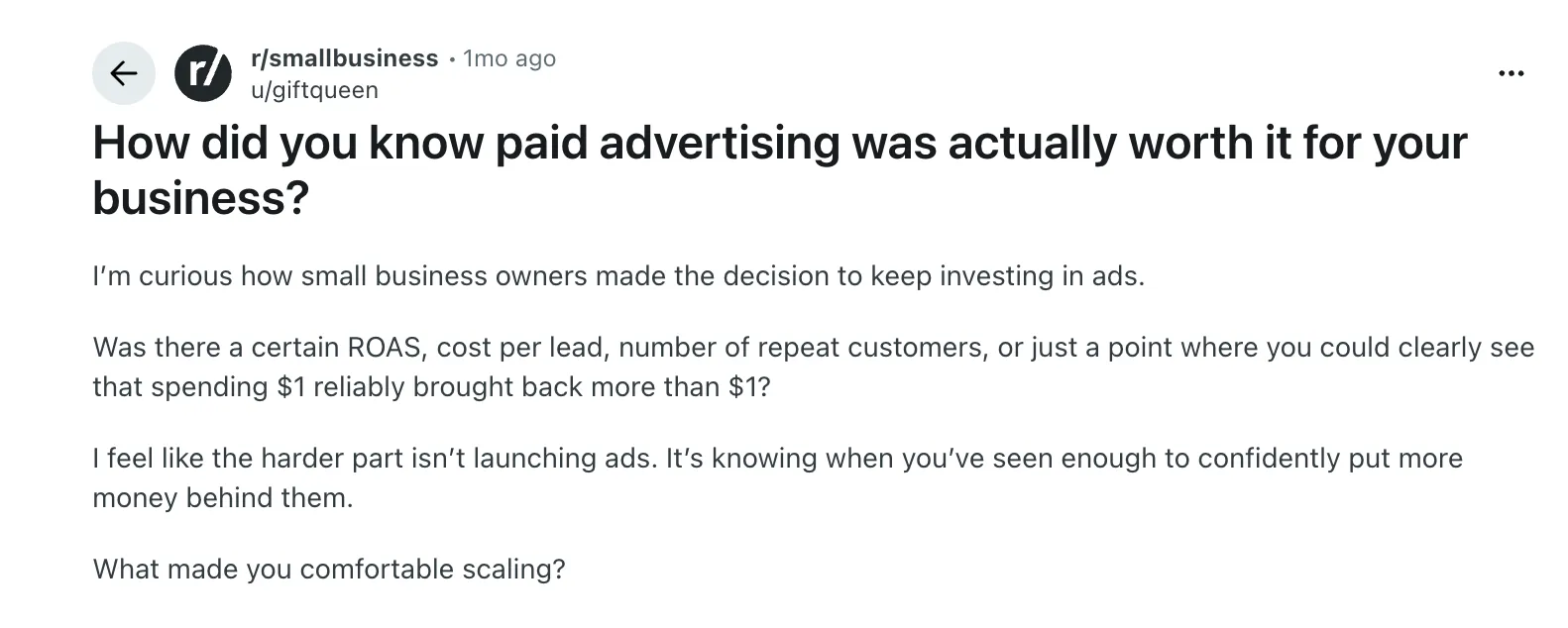 Screenshot of a Reddit small business discussion asking when paid advertising is worth scaling