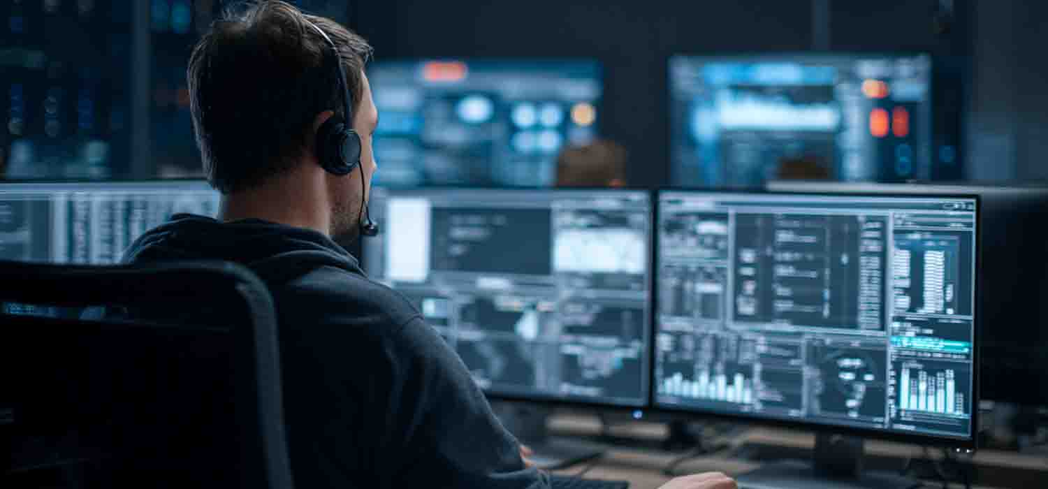 Cybersecurity specialist monitoring systems for a Charlotte-based financial services firm