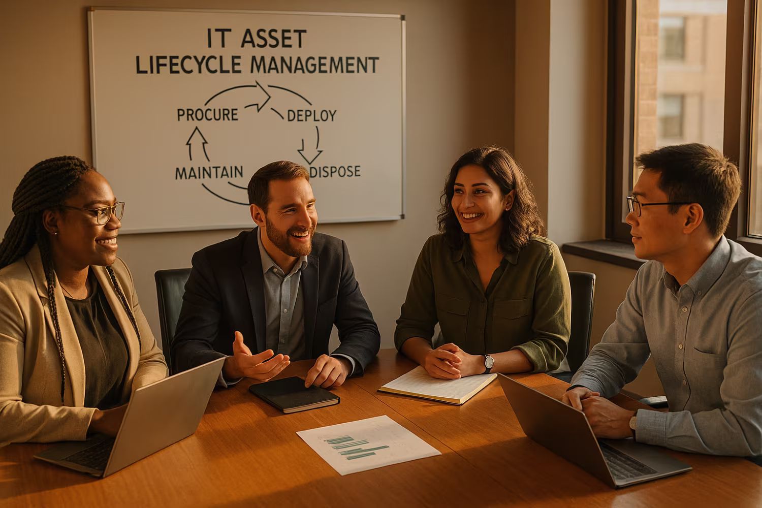 Team discussing IT asset lifecycle management
