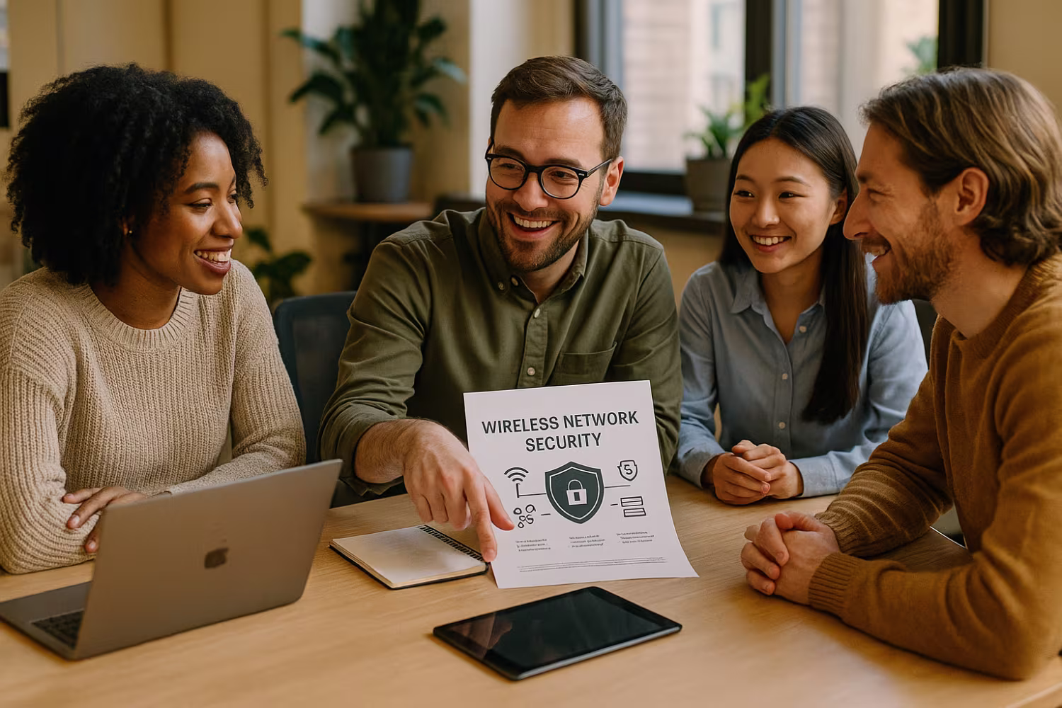 Employees discussing wireless network security