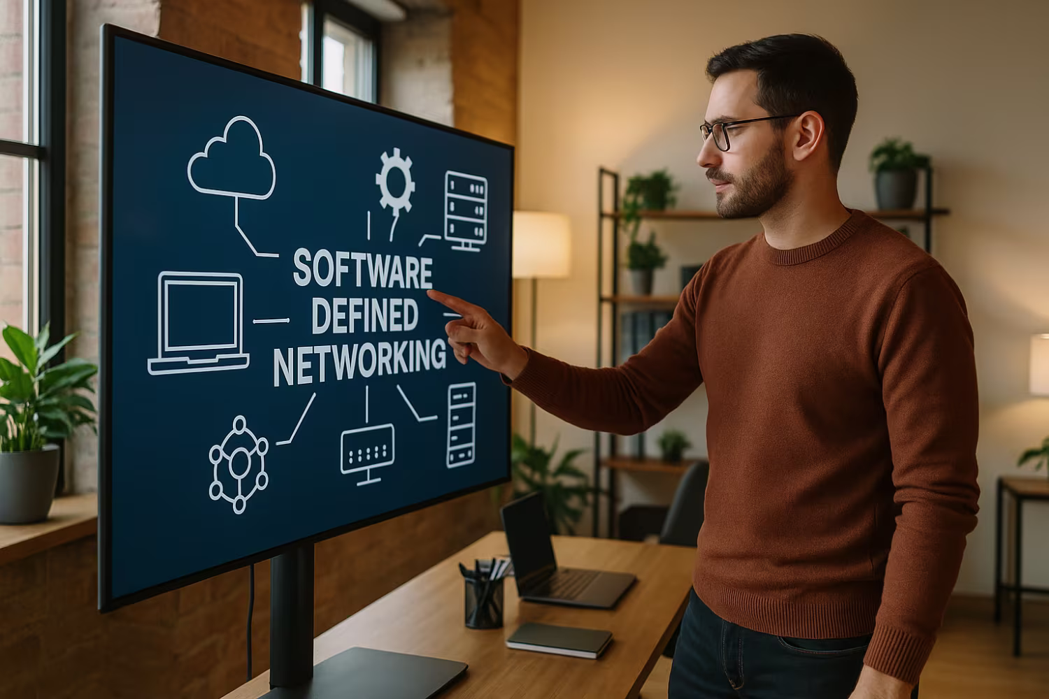IT professional demonstrating SD-WAN implementation