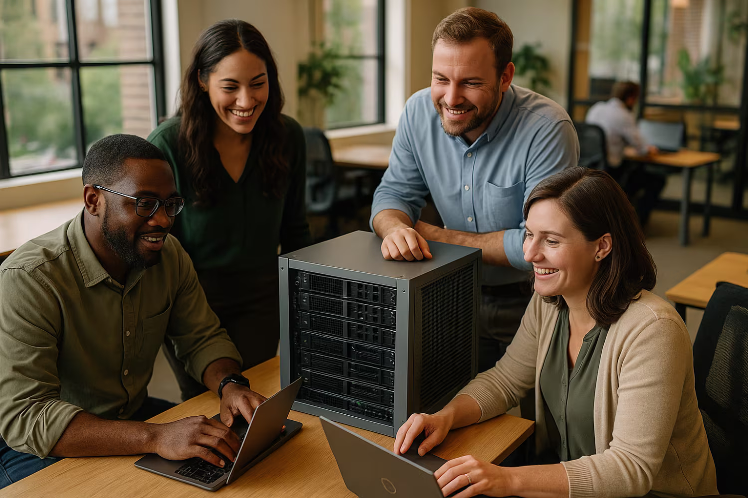 Diverse team managing server hub