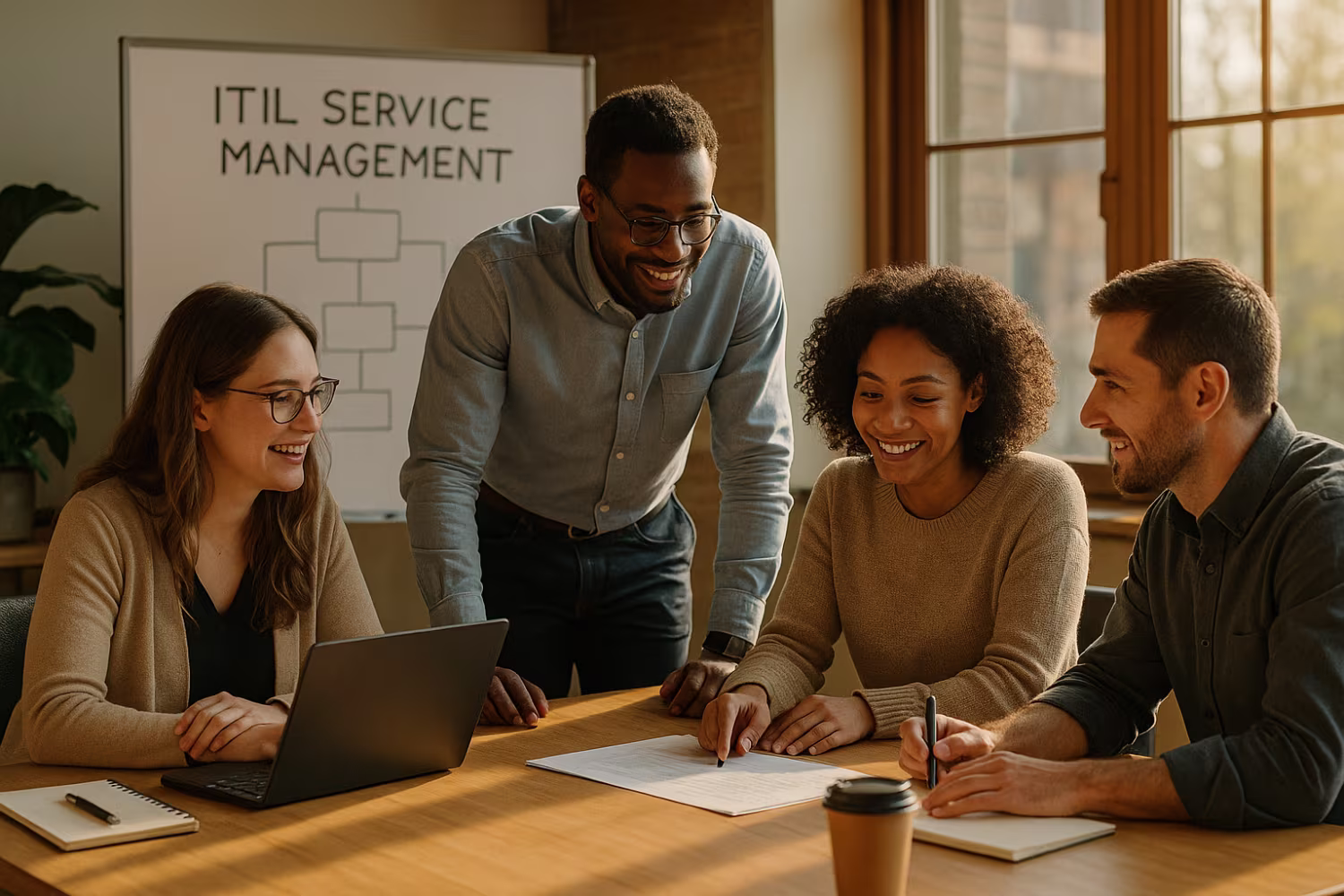 Diverse team discussing ITIL framework implementation