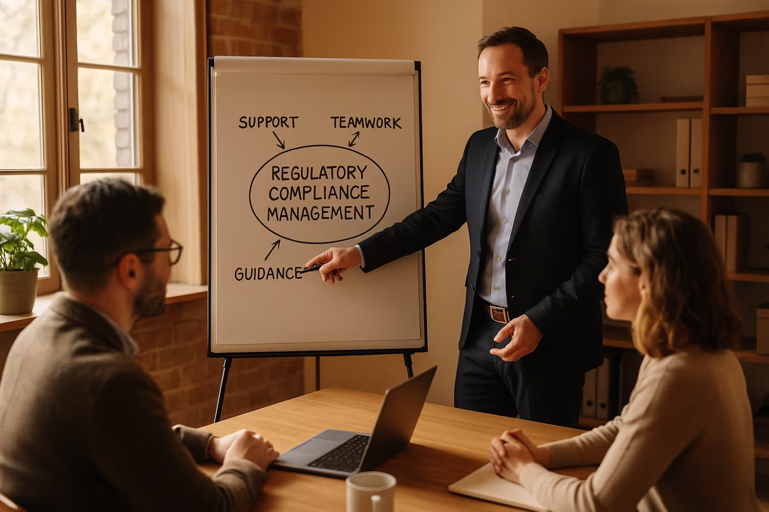Business consultant presenting regulatory compliance management