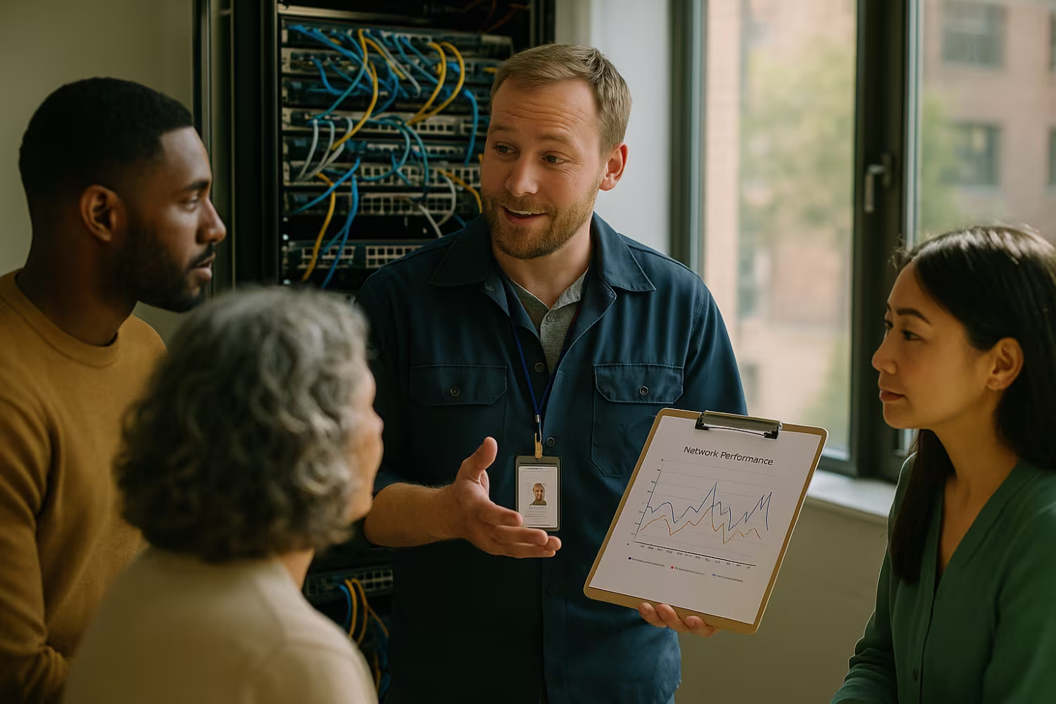 Technician discussing network performance monitoring