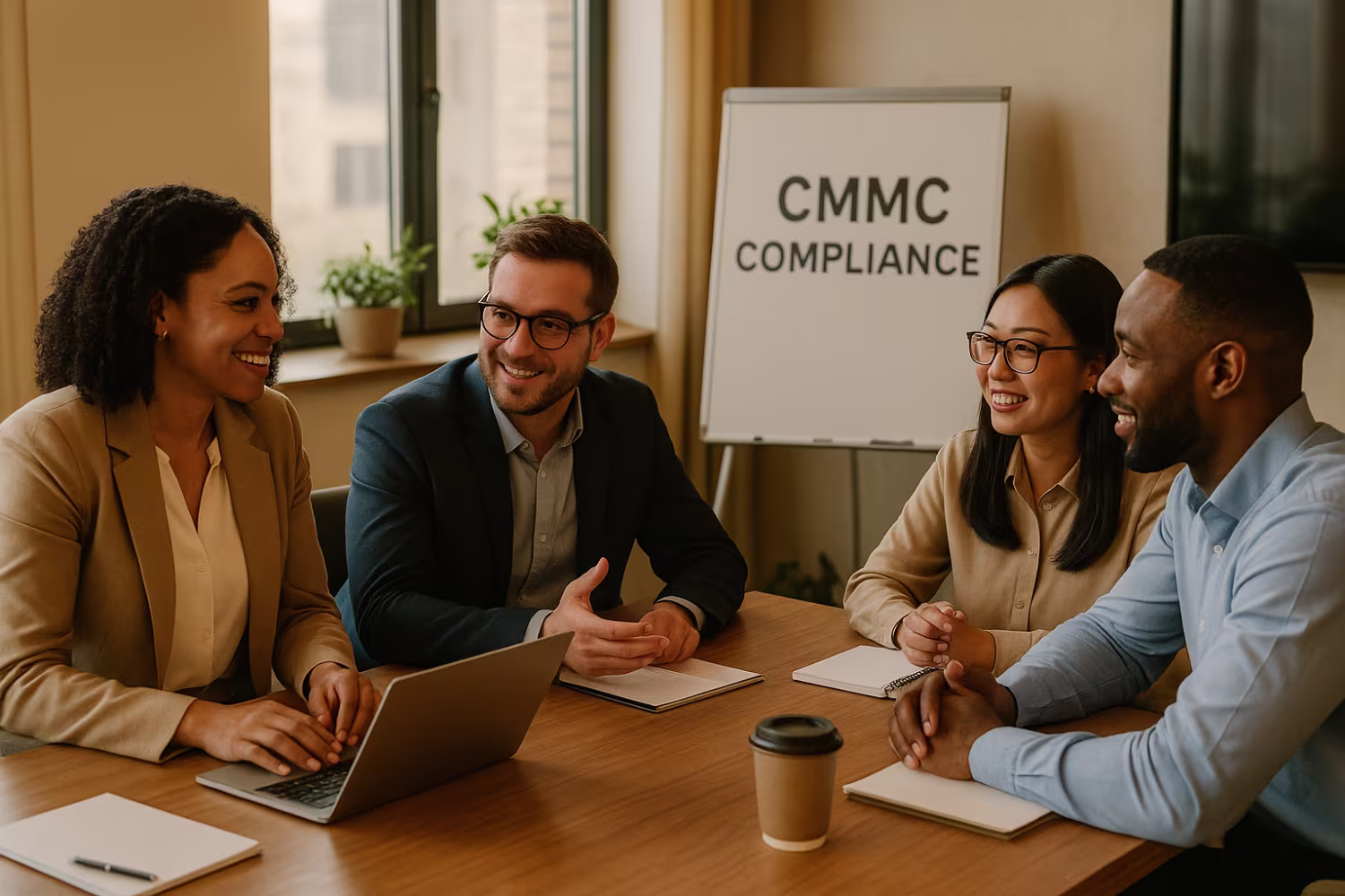Diverse team discussing CMMC compliance