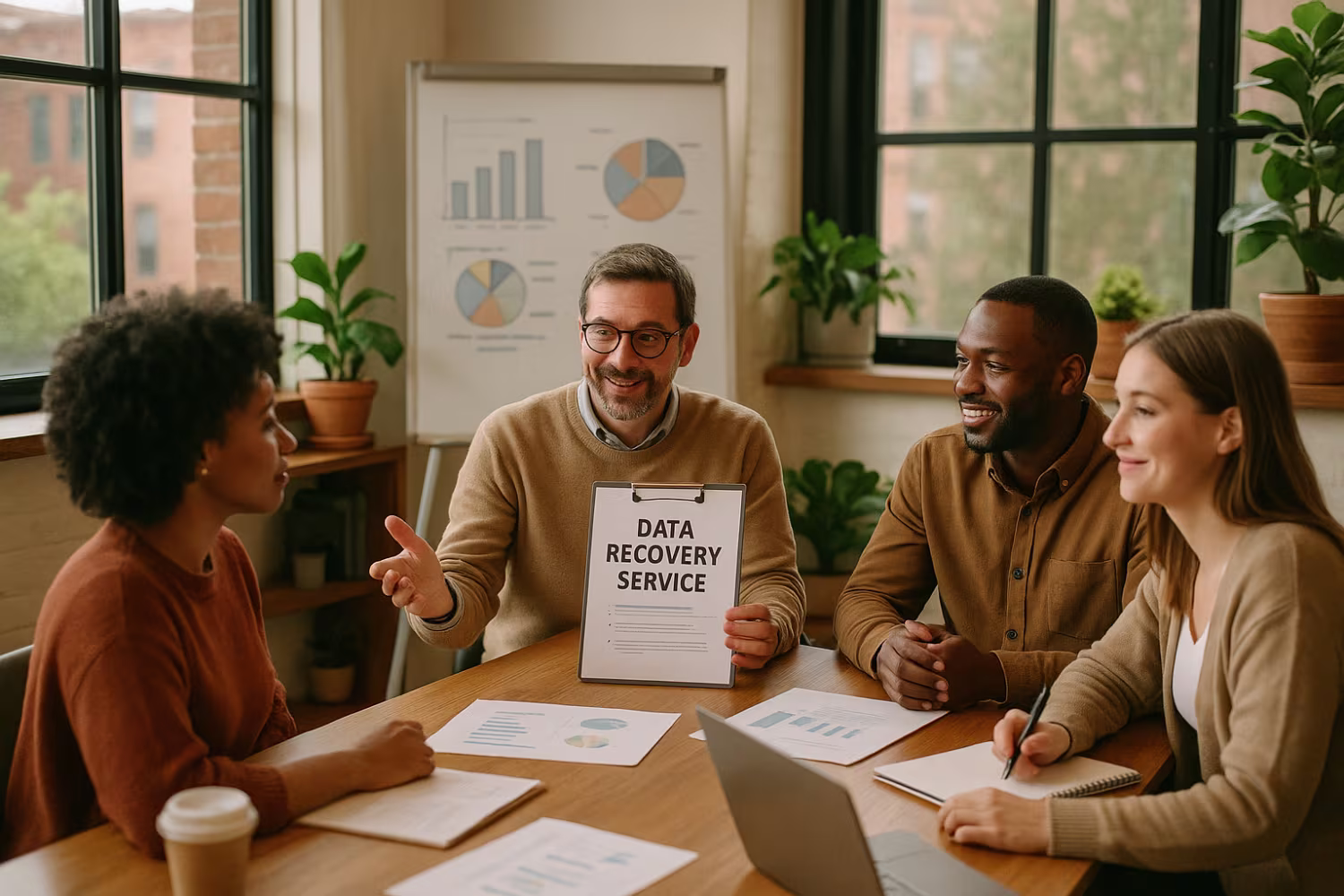 Team discussing data recovery services