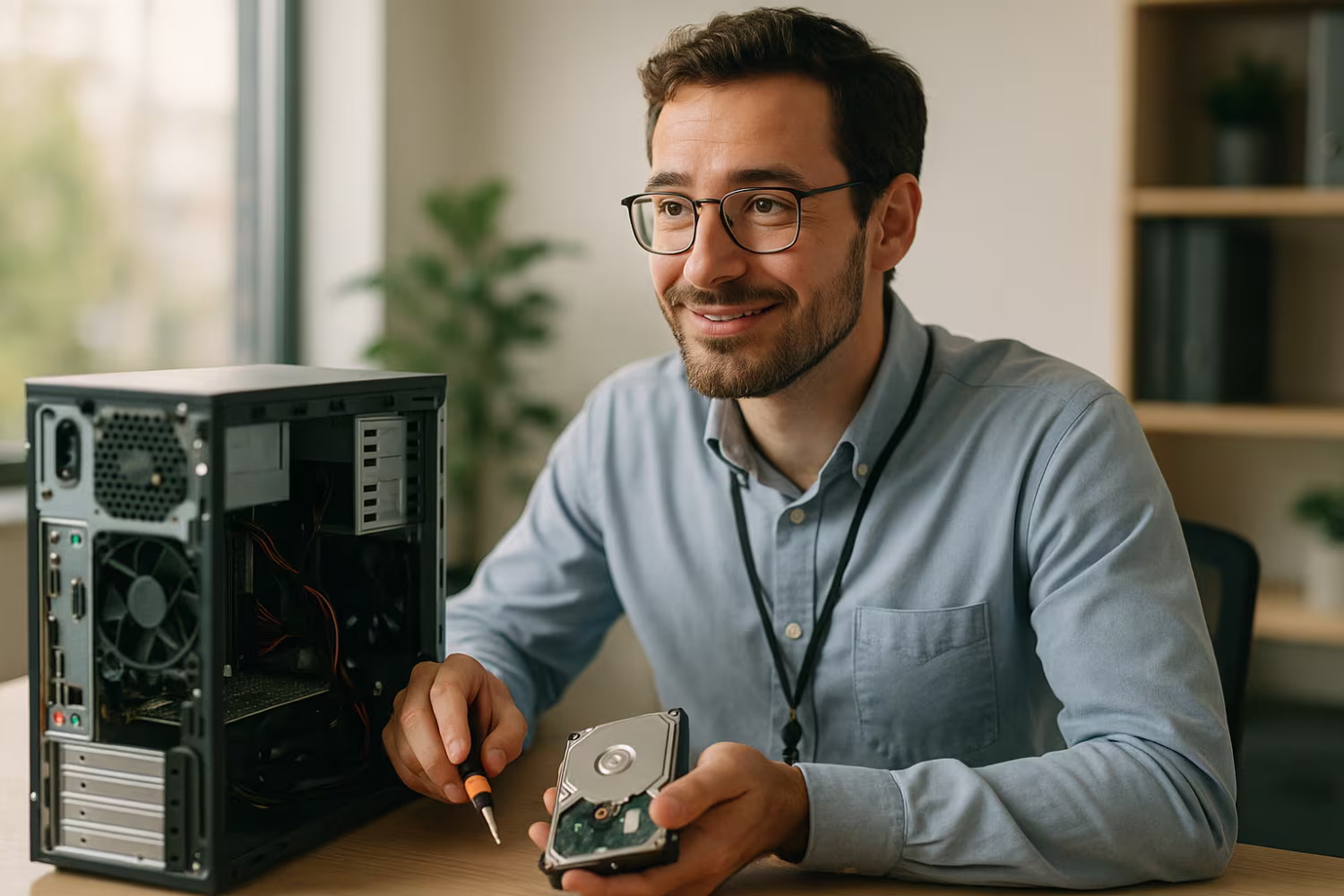 Focused data recovery specialist working