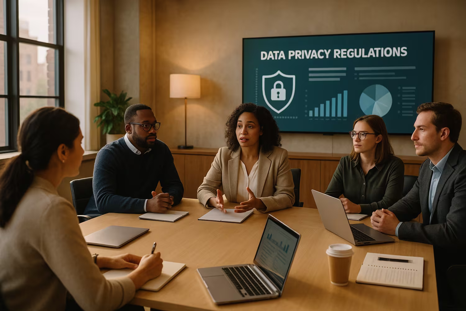 Professionals discussing data privacy regulations