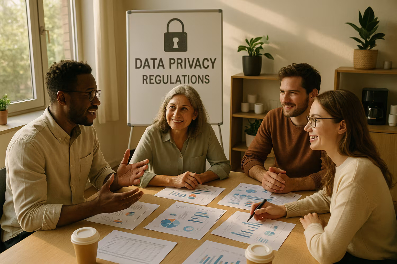 Diverse team discussing data privacy regulations