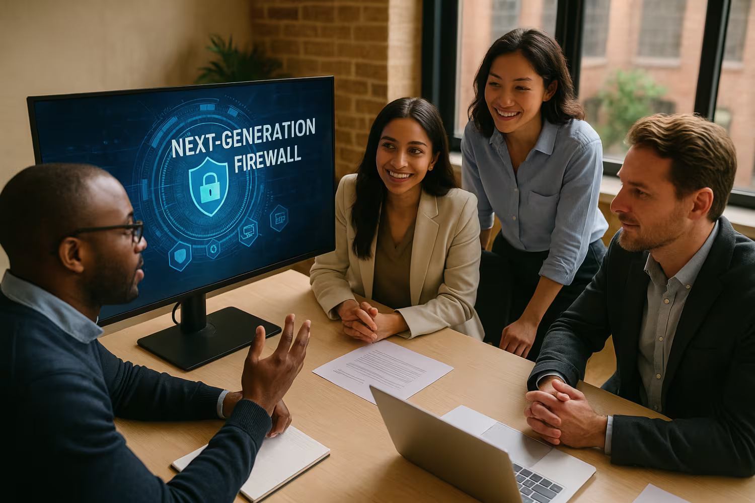 Diverse team discussing next-generation firewall