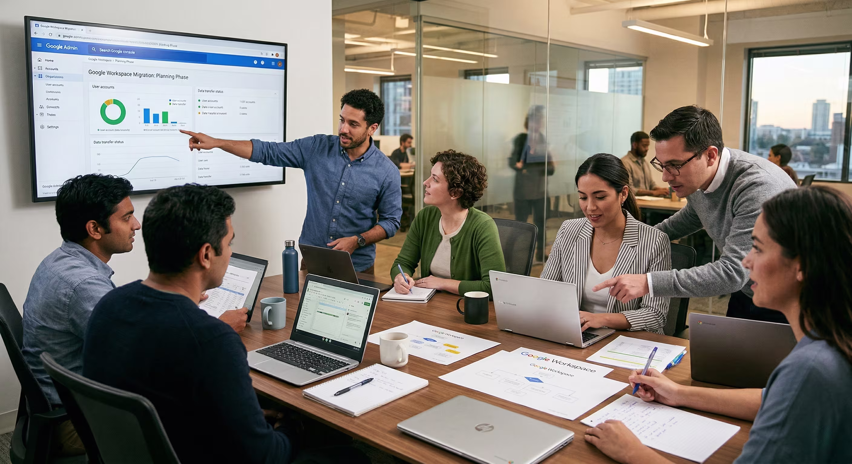 Colleagues collaborating on Google Workspace migration