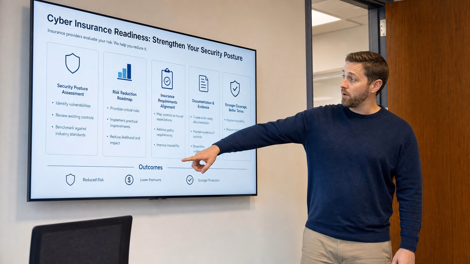 PRESENTATION SCREEN An IT professional one person standing beside a large wa