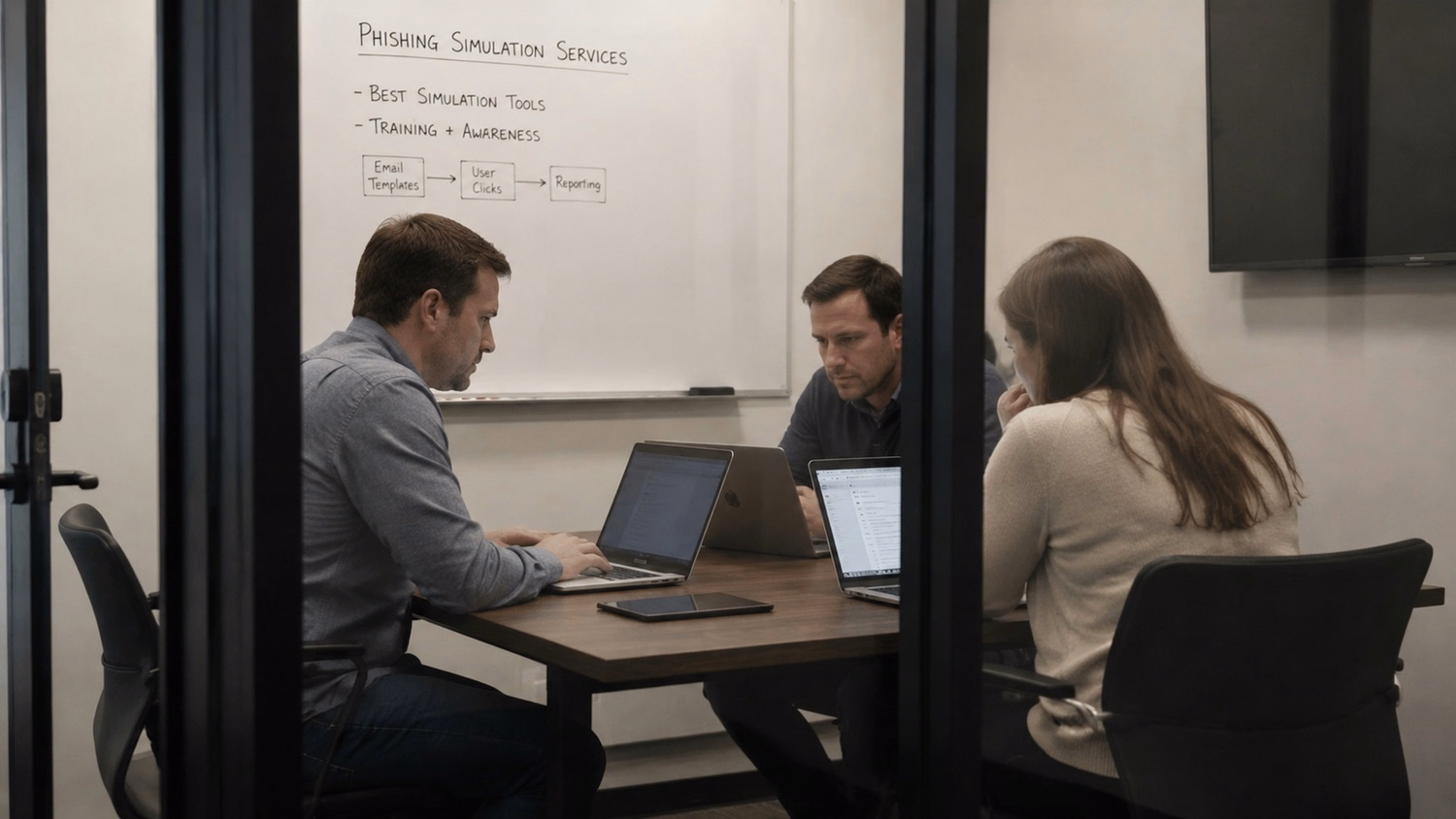 SMALL CONFERENCE ROOM An IT professional  three people seated around a small