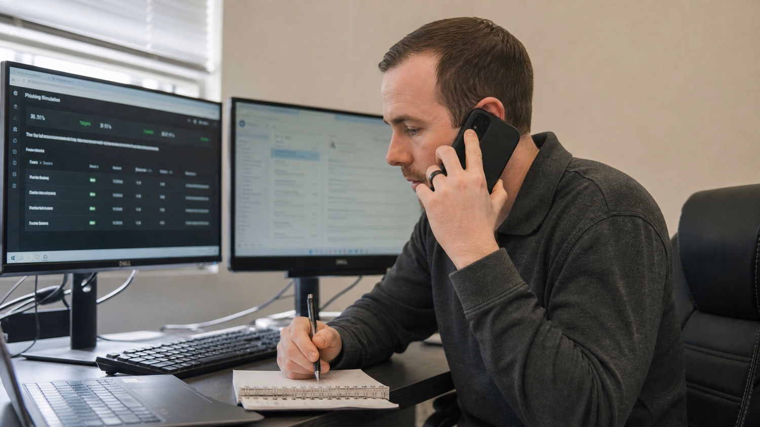 PHONE CALL AT DESK An IT professional  one person at a desk with phone to one
