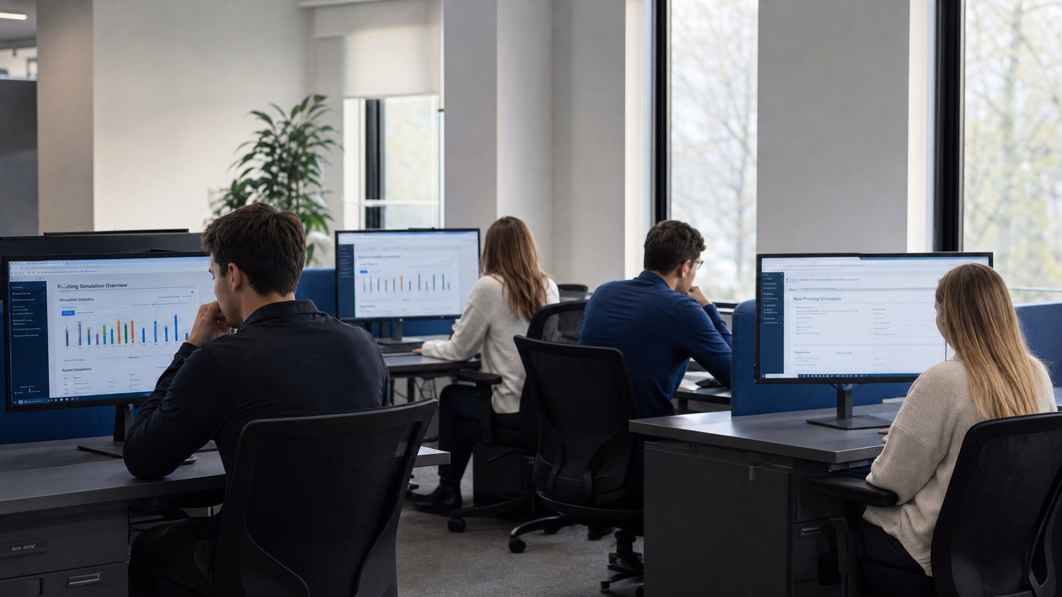 OPEN PLAN WIDE An IT professional  wide shot of three or four people at separ