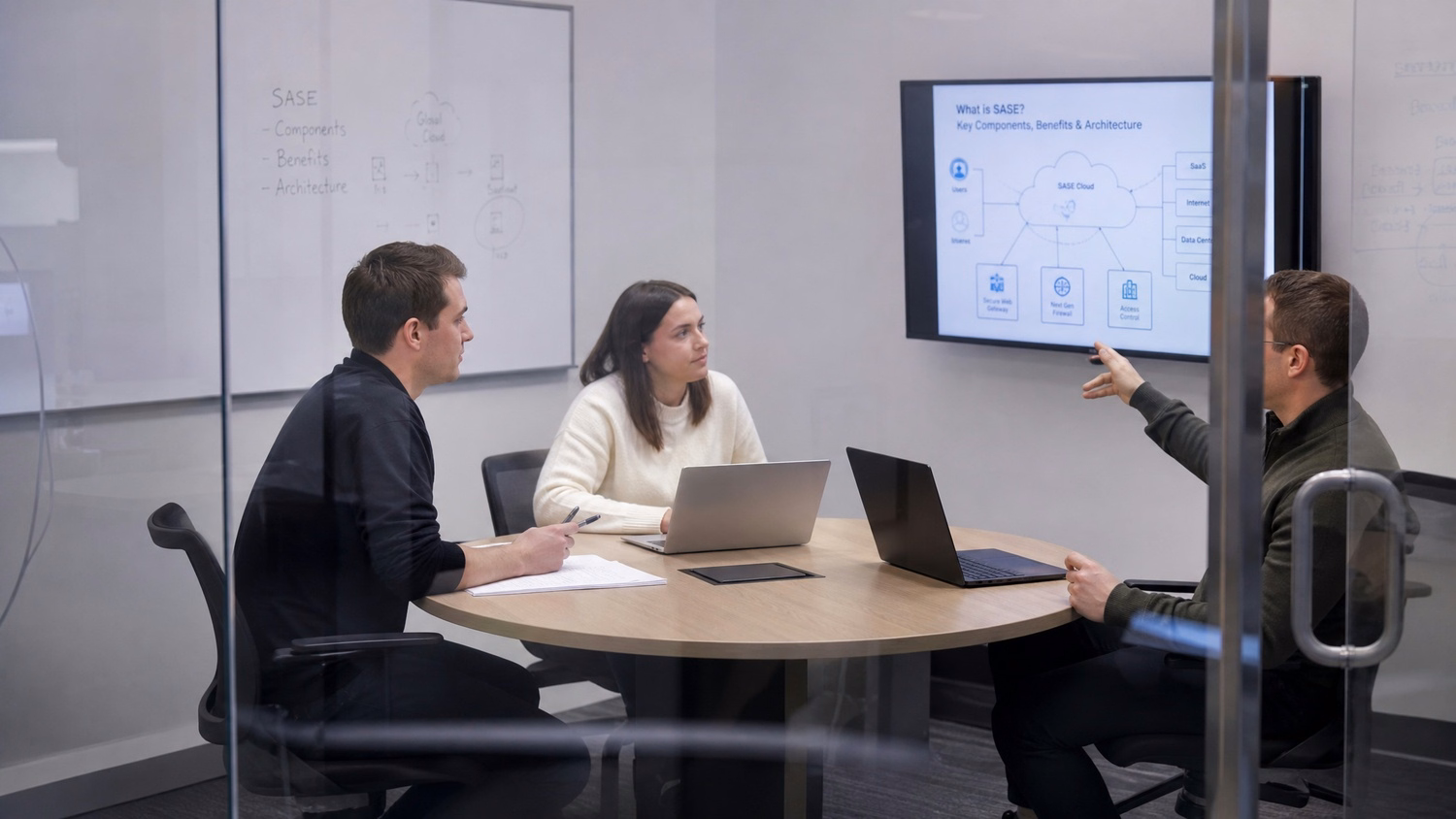SMALL CONFERENCE ROOM An IT professional three people seated around a small