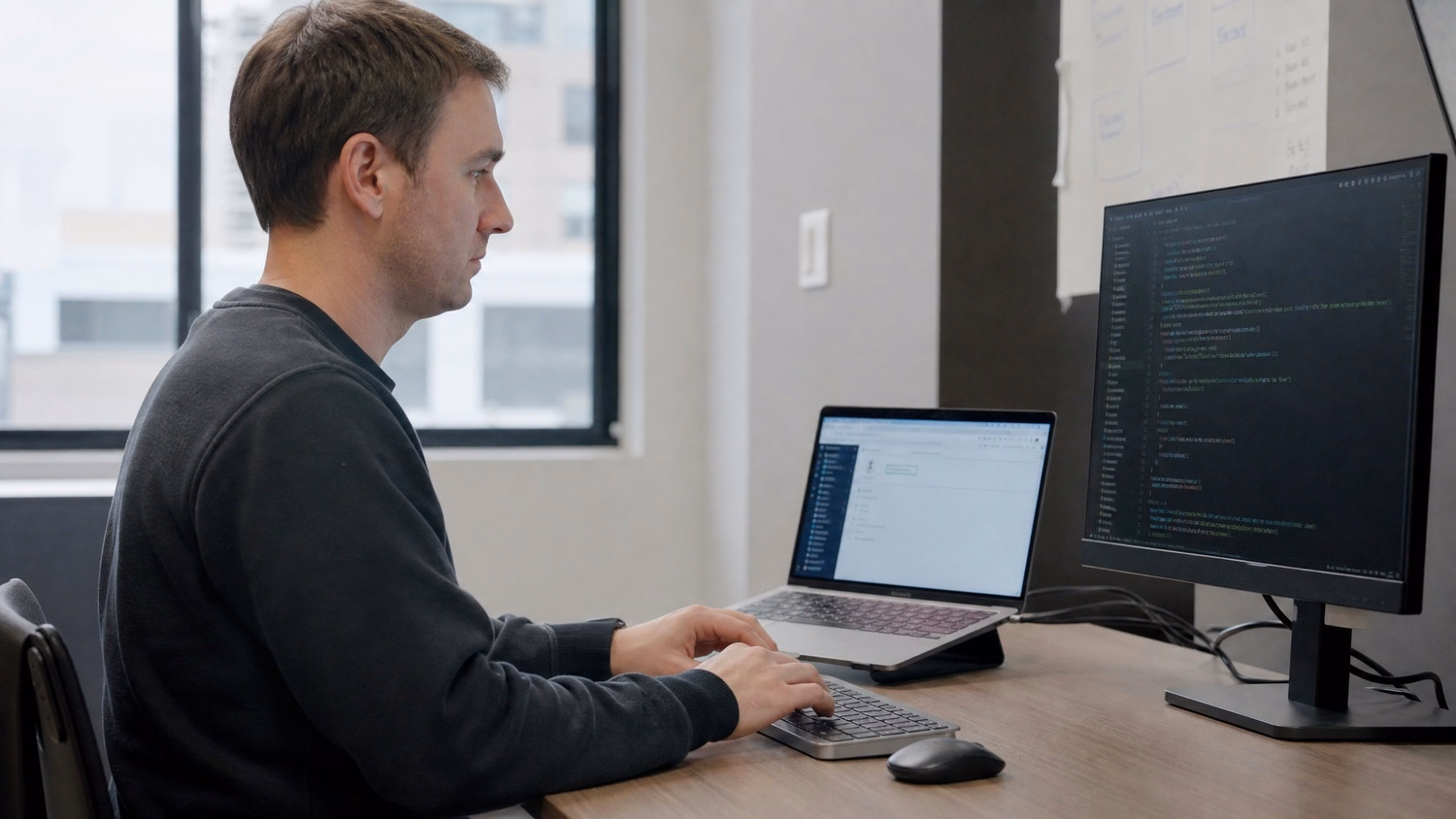 SOLO WORKSTATION An IT professional one person alone at a single desk with a