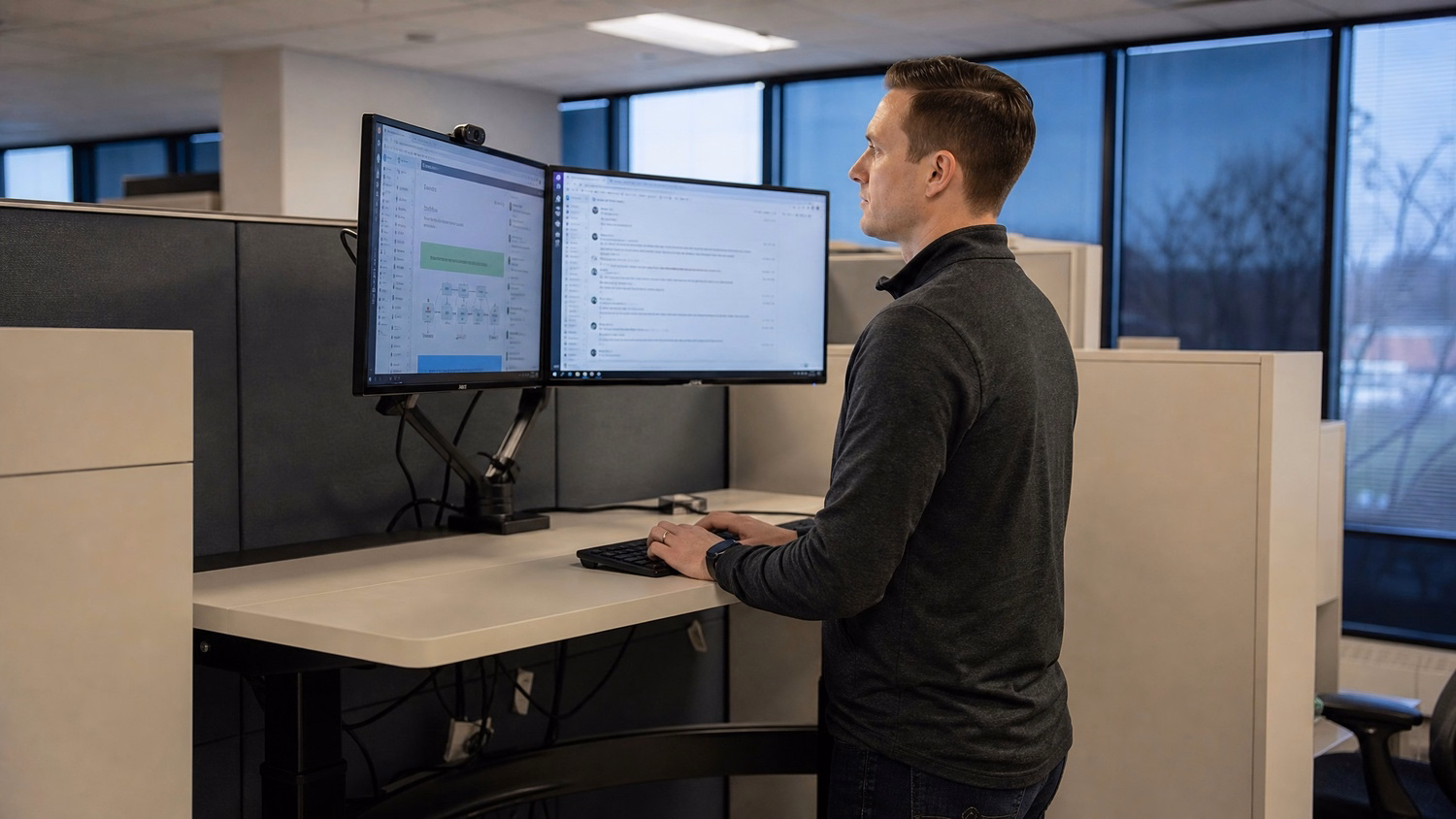 STANDING DESK An IT professional one person standing at a height-adjustable