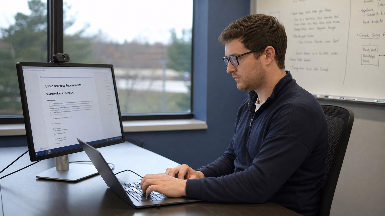 SOLO WORKSTATION An IT professional one person alone at a single desk with a