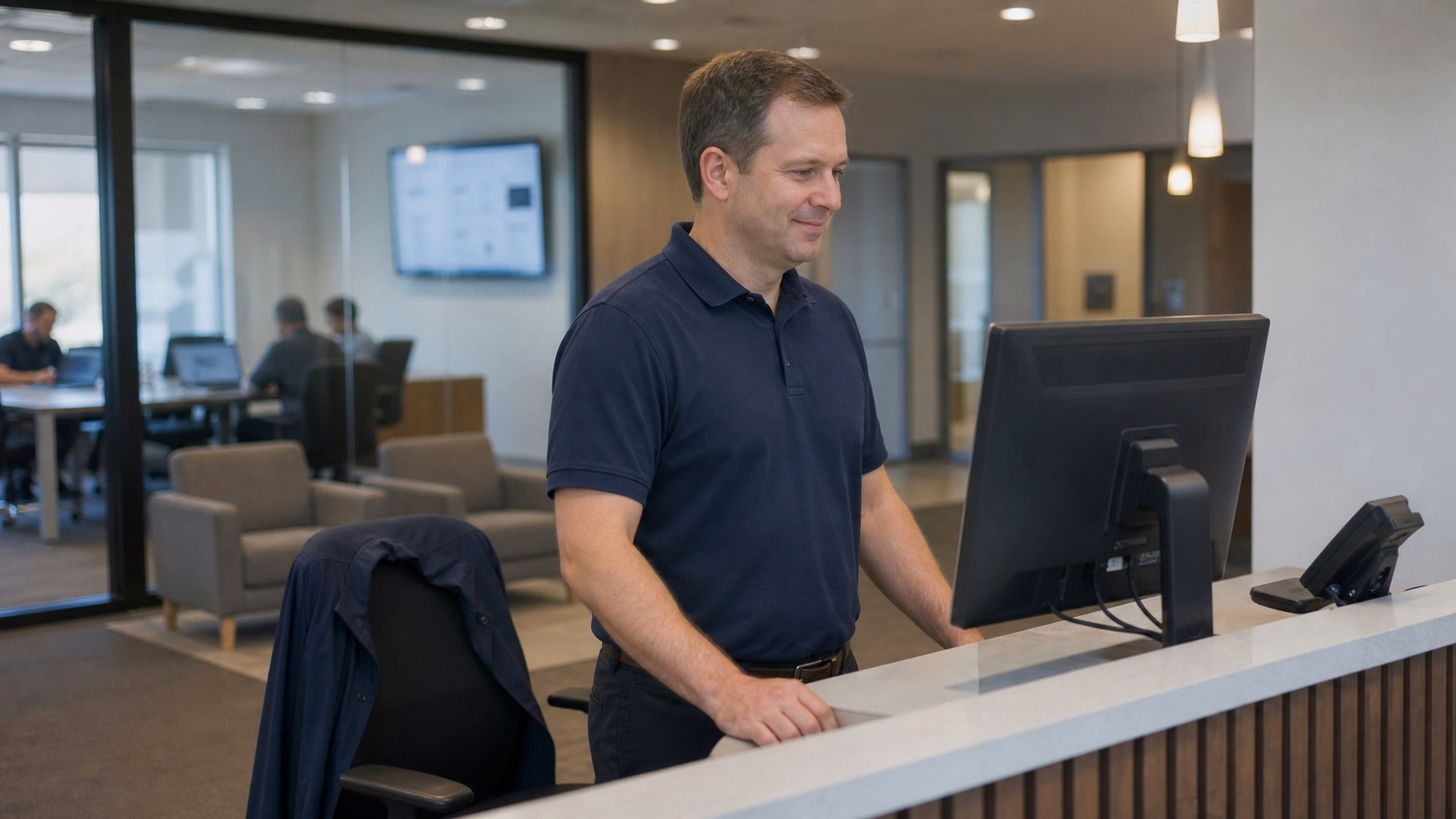 Man at reception desk looking at computer monitor