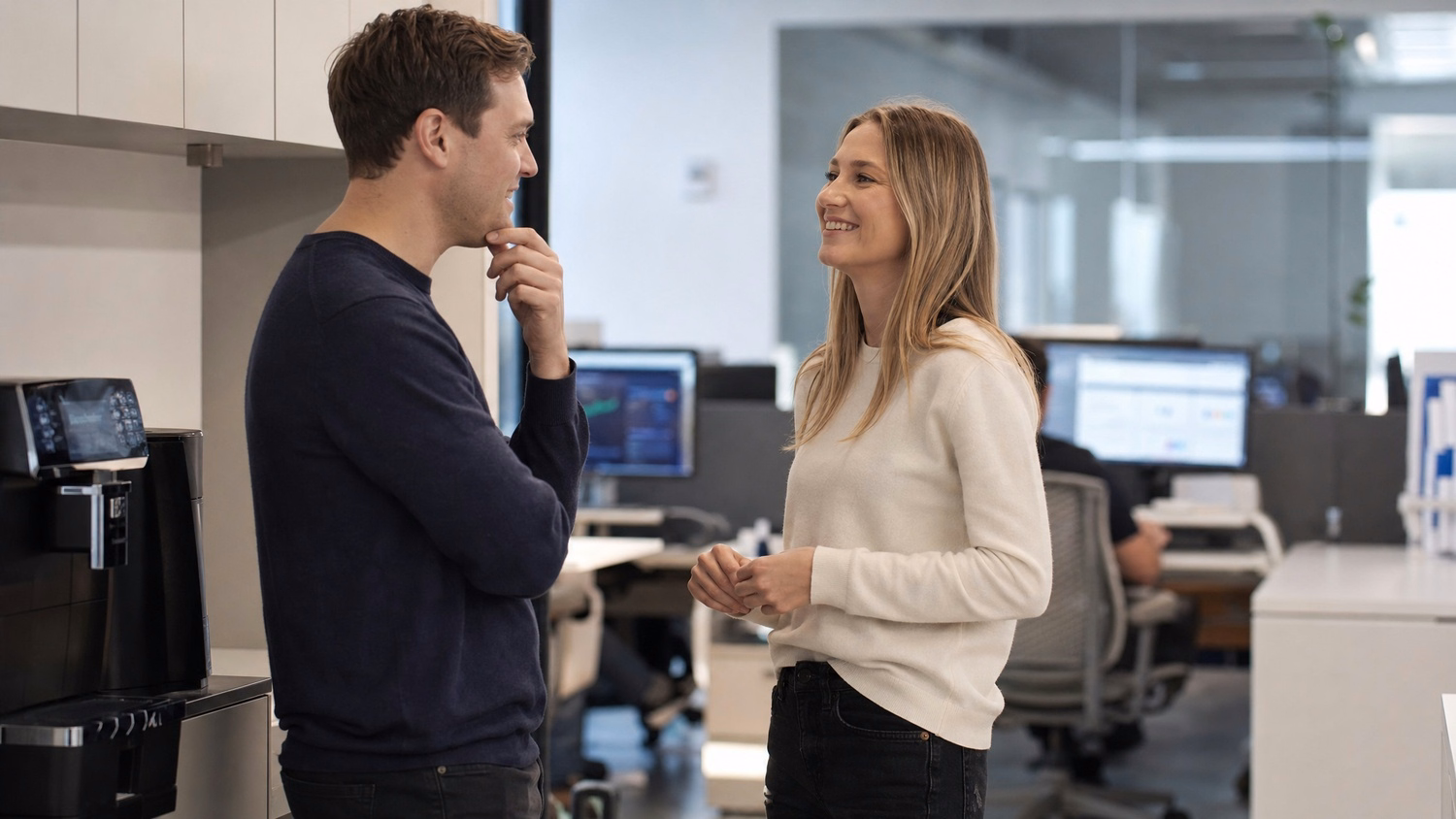 Colleagues discuss cyber insurance over coffee 55 chars