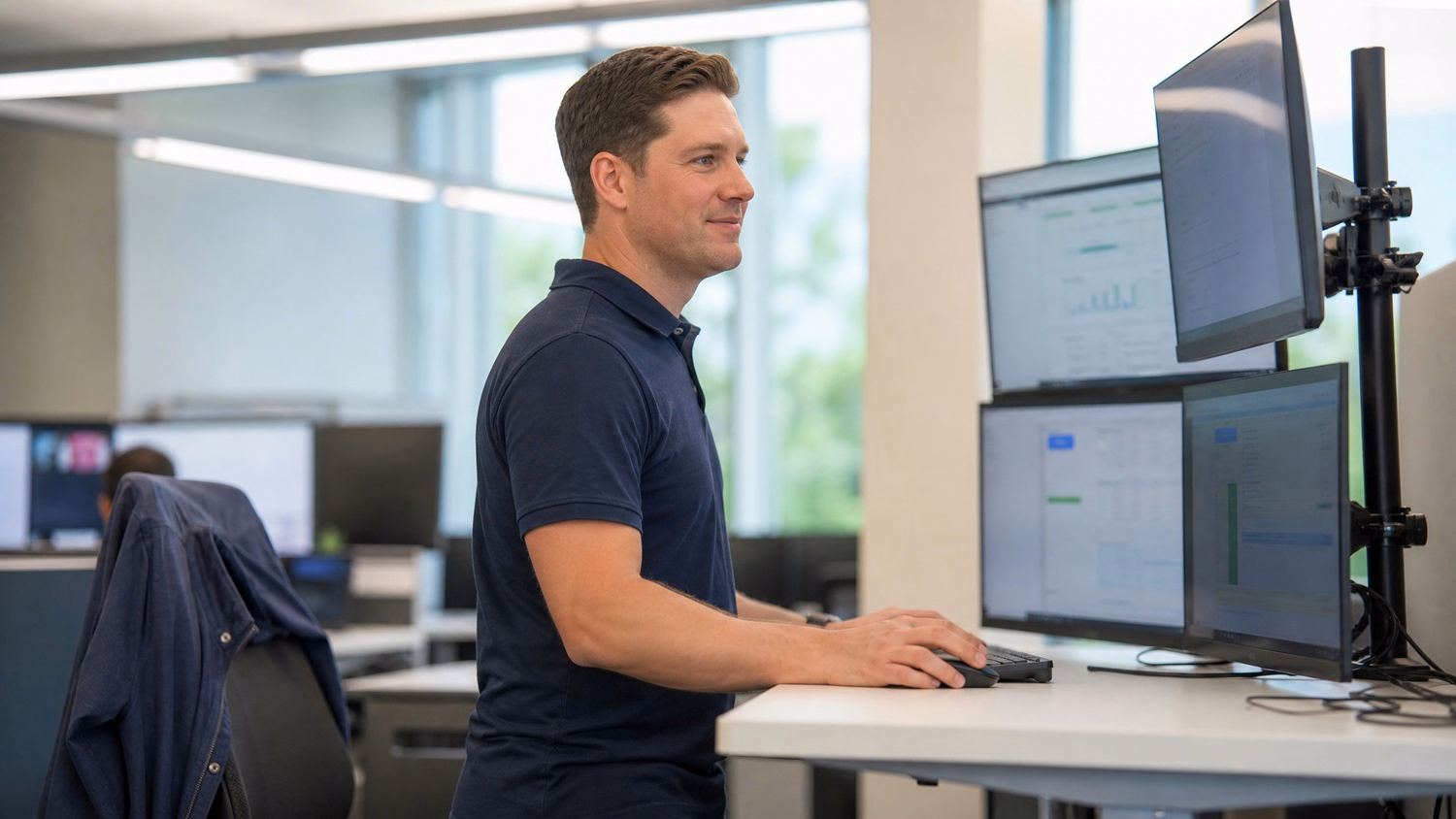 Man in polo shirt at standing desk reviewing computer screen