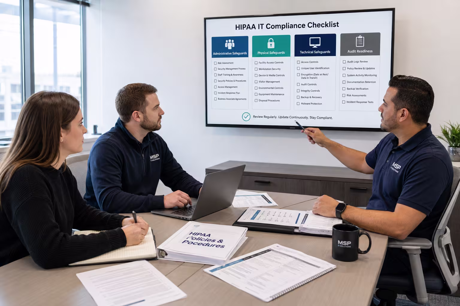 Team discussing HIPAA IT compliance checklist