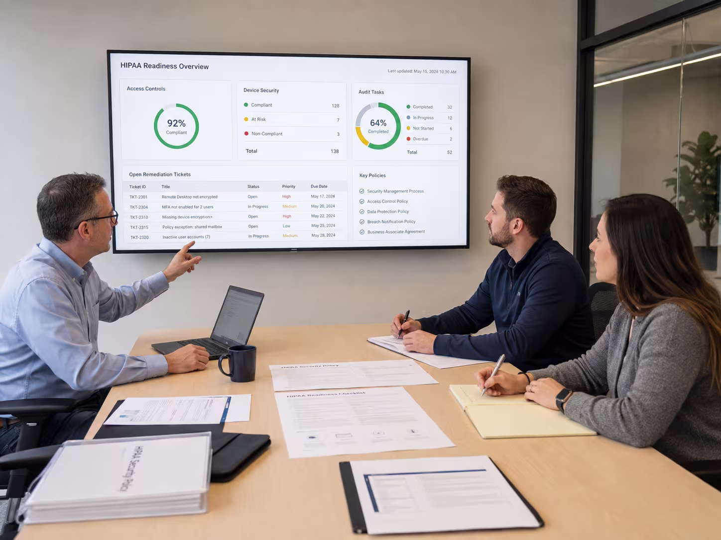 Diverse team discussing HIPAA IT compliance