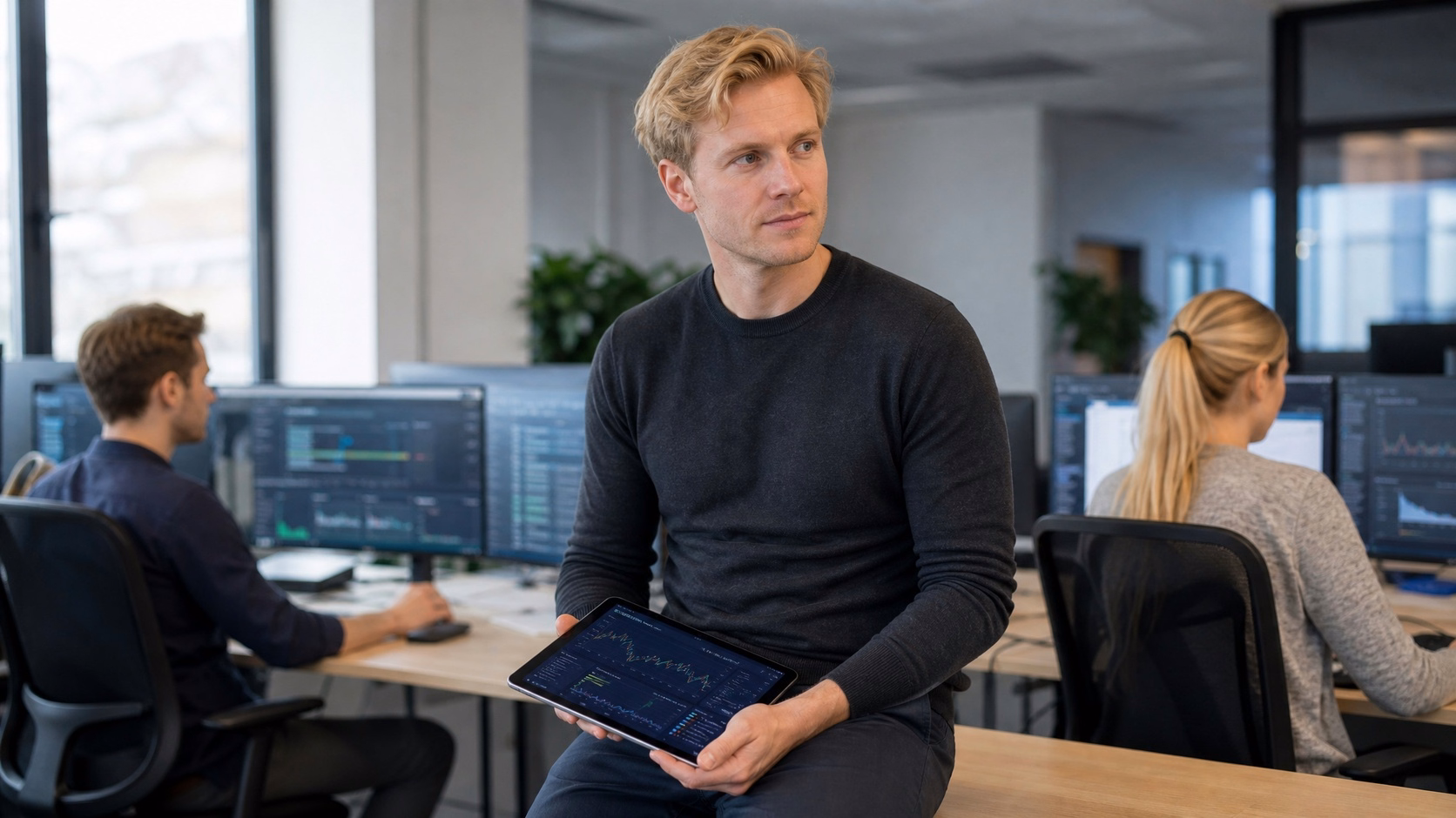 Man with tablet reviews fluctuating graphs on desk edge 61